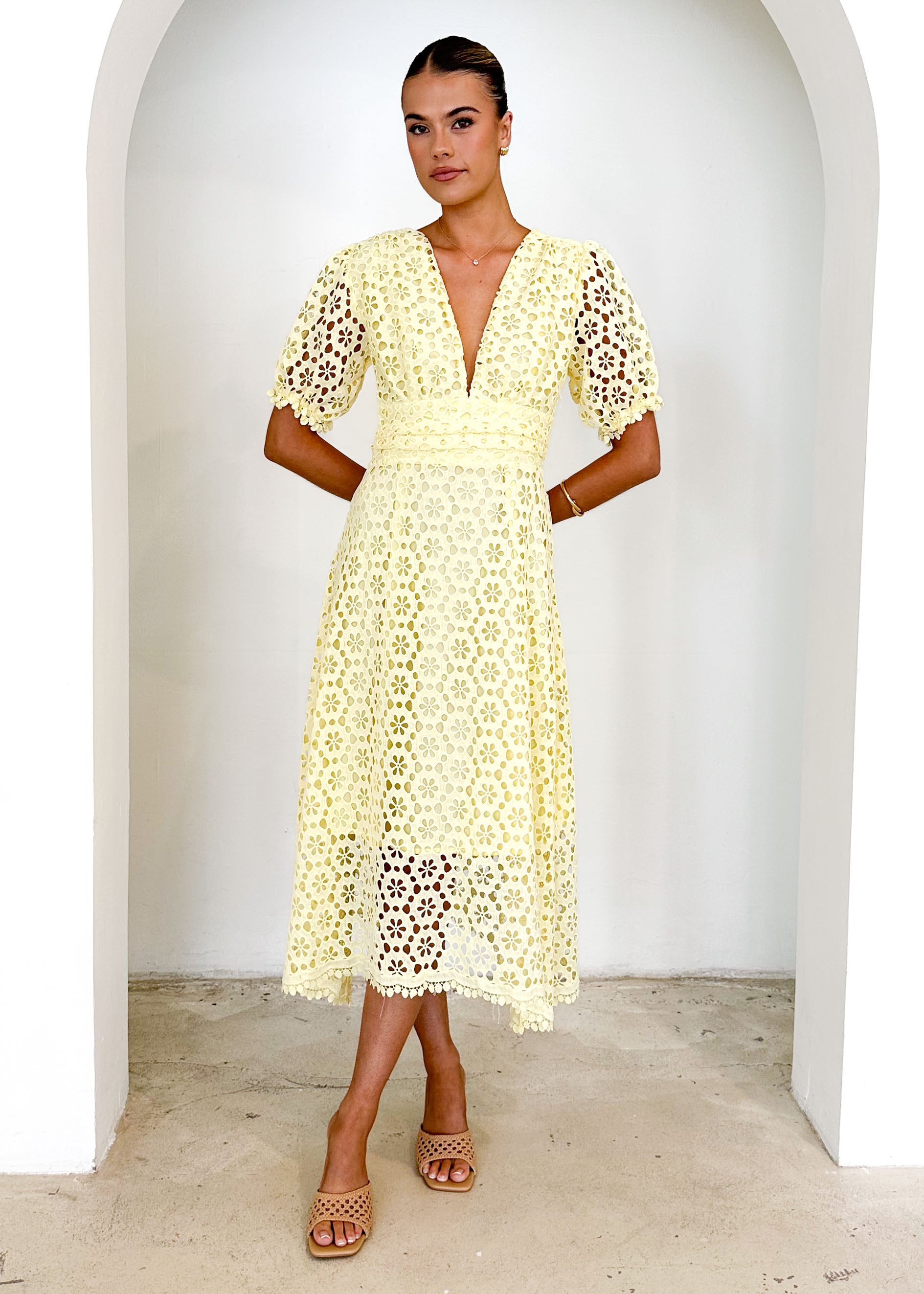 Jahra Lace Midi Dress - Yellow