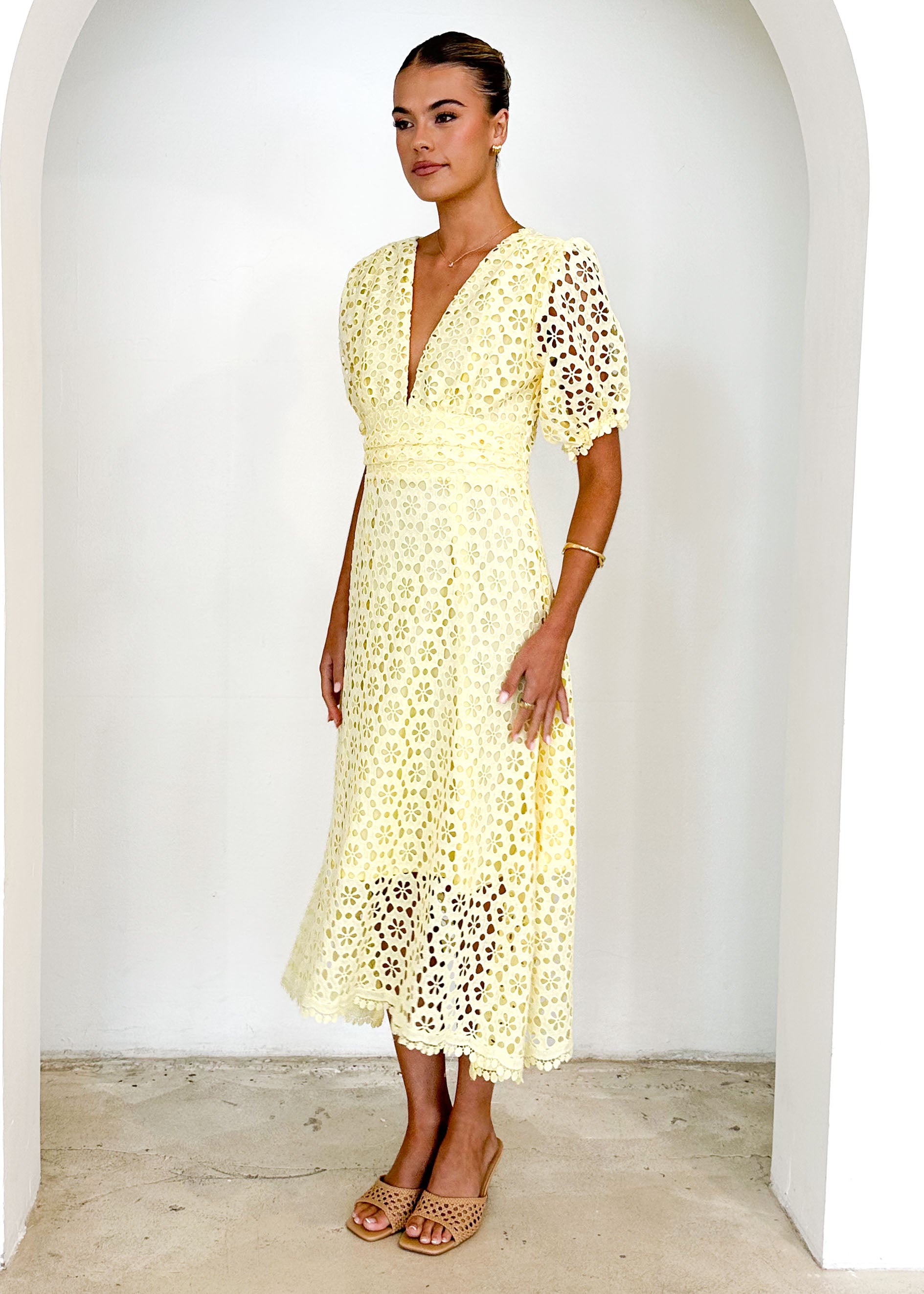 Jahra Lace Midi Dress - Yellow