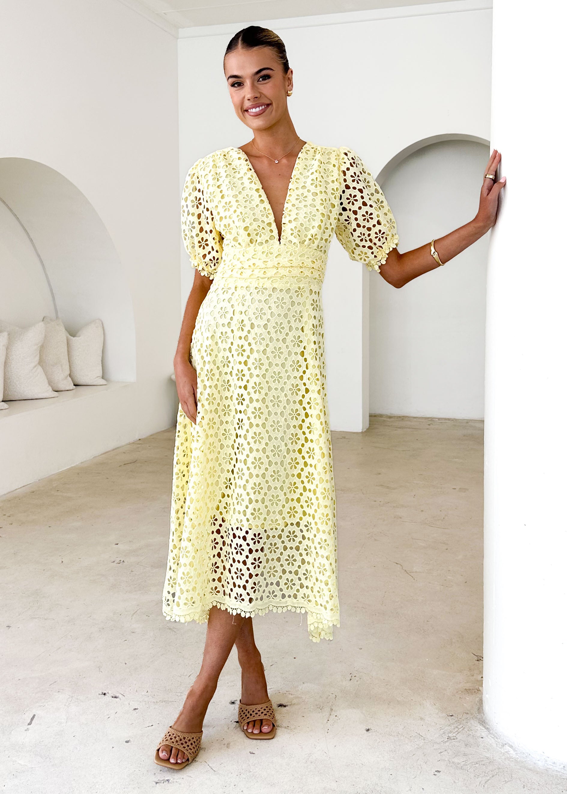 Jahra Lace Midi Dress - Yellow