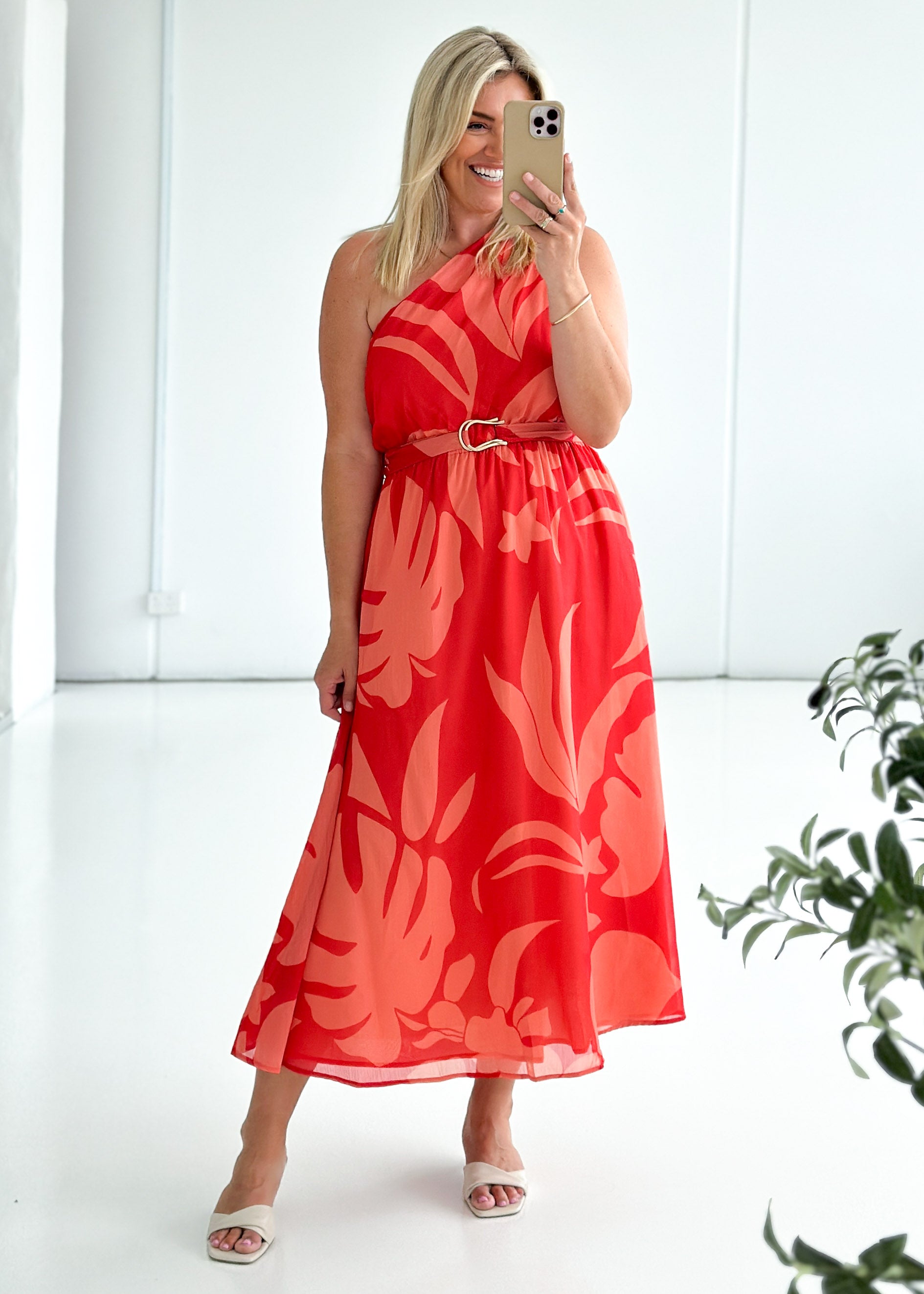 Dana One Shoulder Midi Dress - Coral Floral