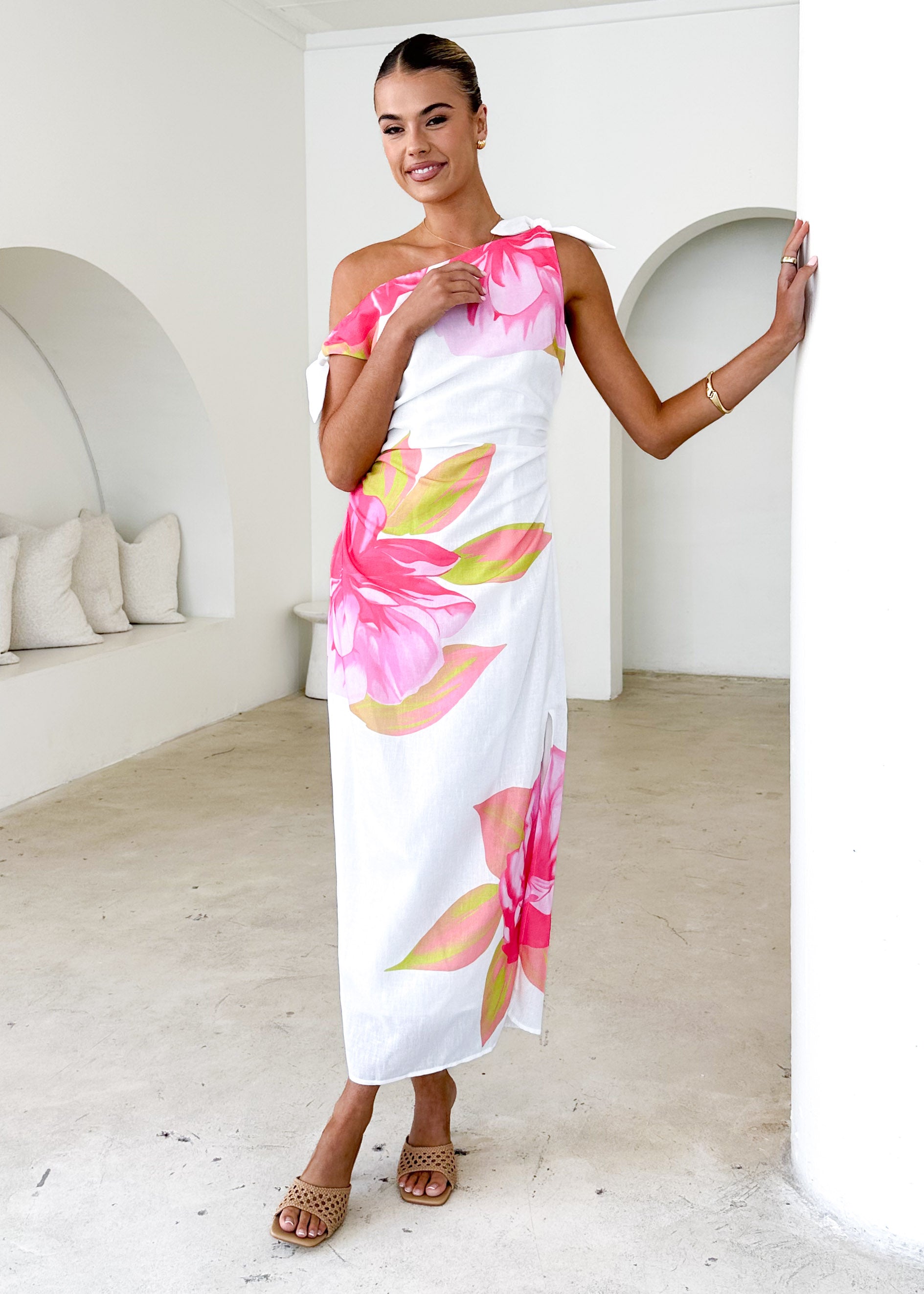 Dulcie One Shoulder Midi Dress - Pink Flowers