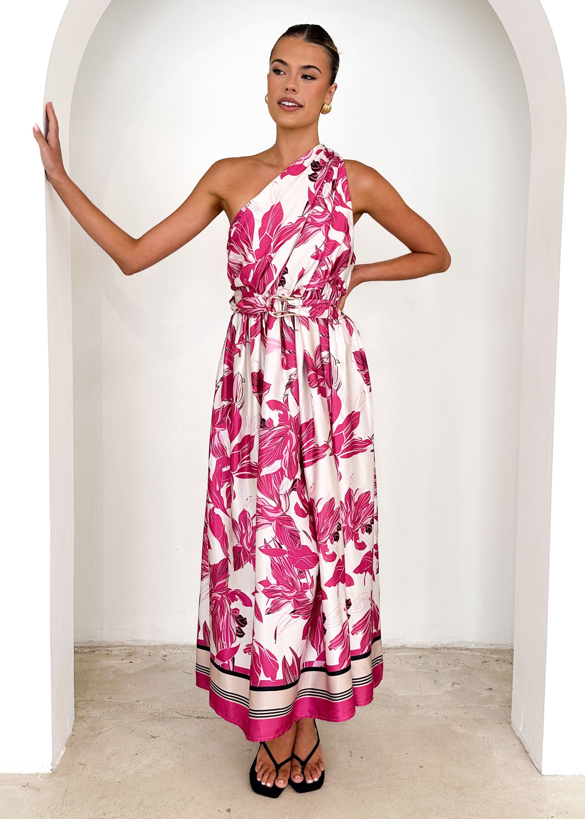 Korah One Shoulder Midi Dress - Fuchsia Floral