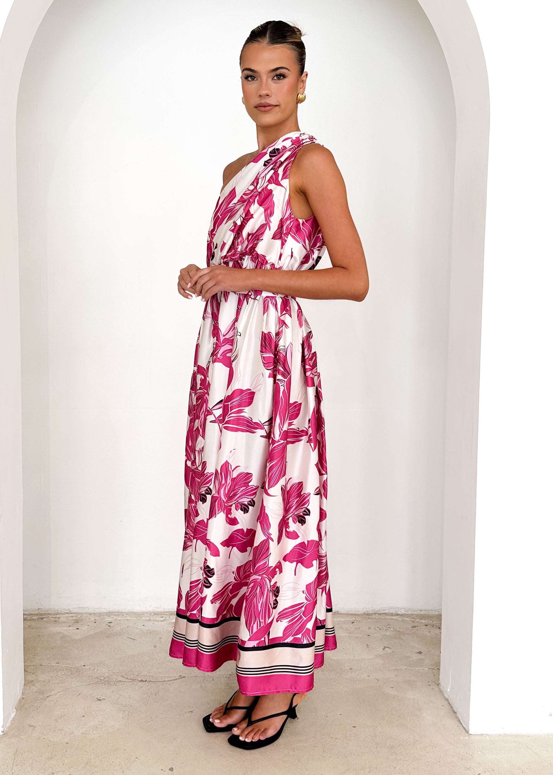 Korah One Shoulder Midi Dress - Fuchsia Floral