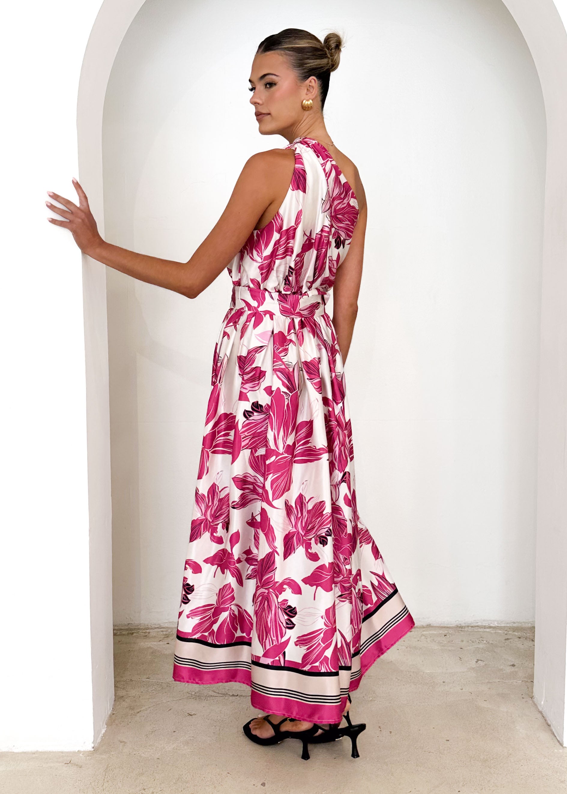 Korah One Shoulder Midi Dress - Fuchsia Floral