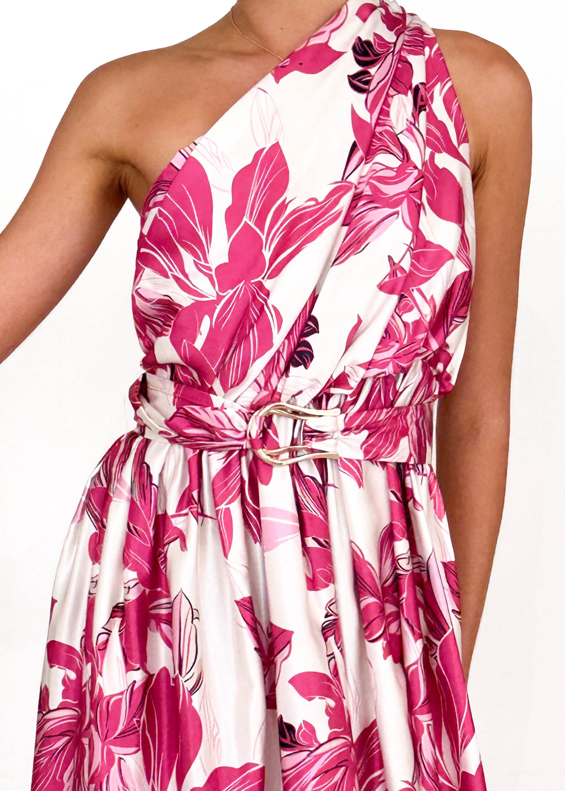 Korah One Shoulder Midi Dress - Fuchsia Floral