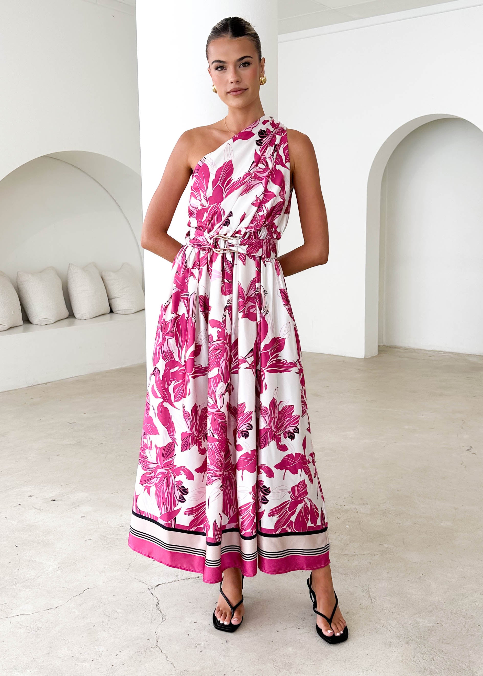 Korah One Shoulder Midi Dress - Fuchsia Floral