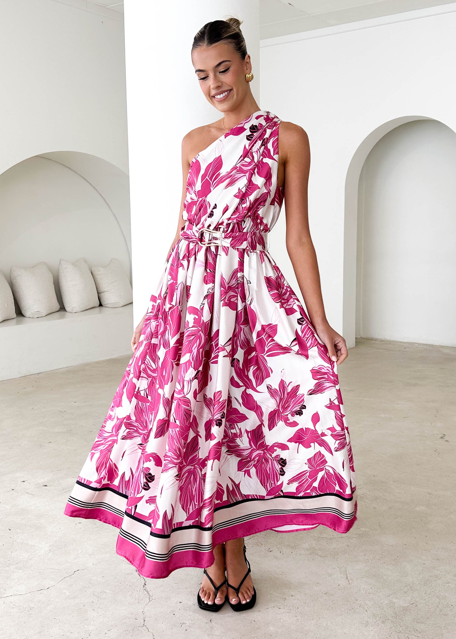 Korah One Shoulder Midi Dress - Fuchsia Floral