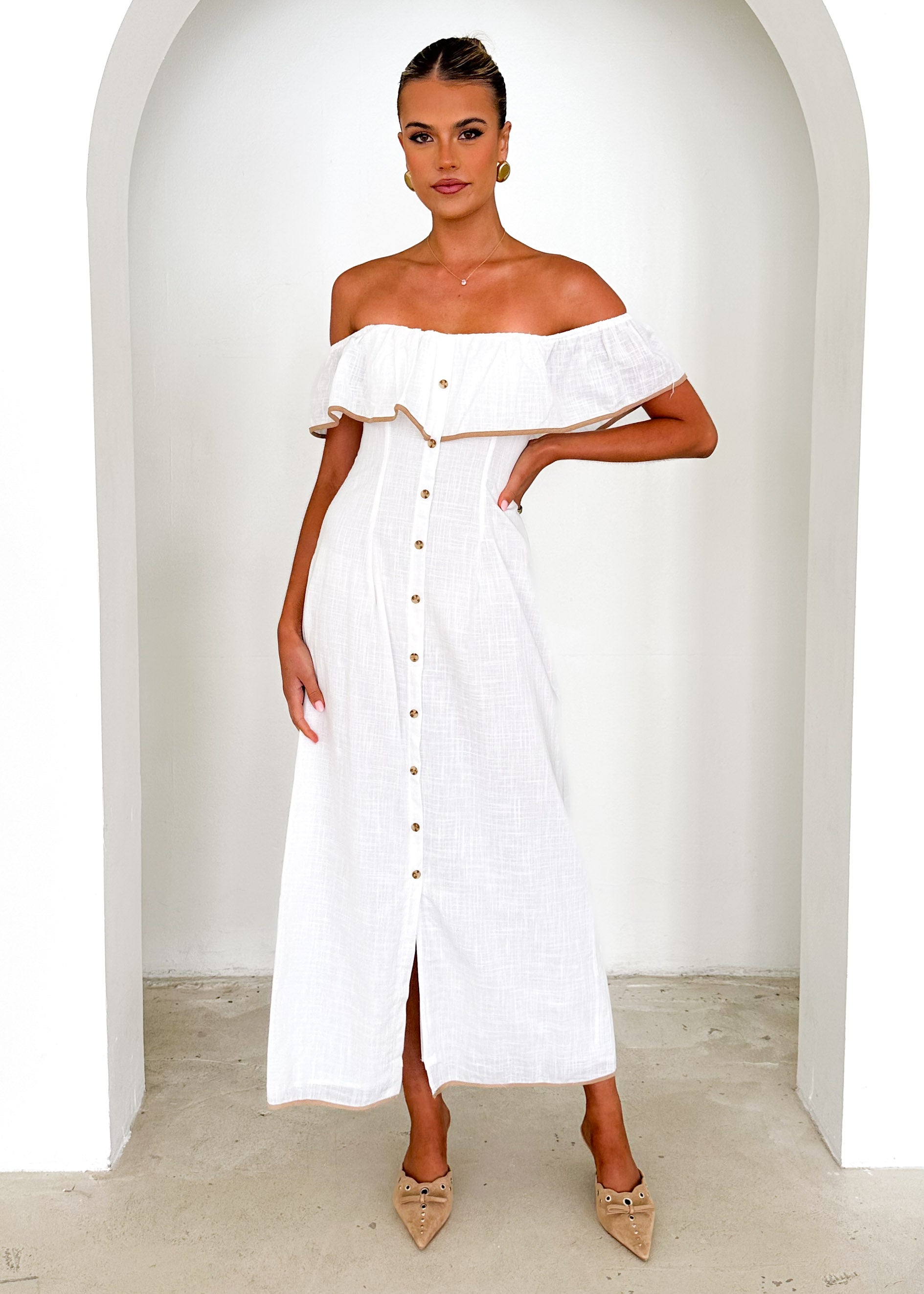 Genesis Off Shoulder Midi Dress - Off White