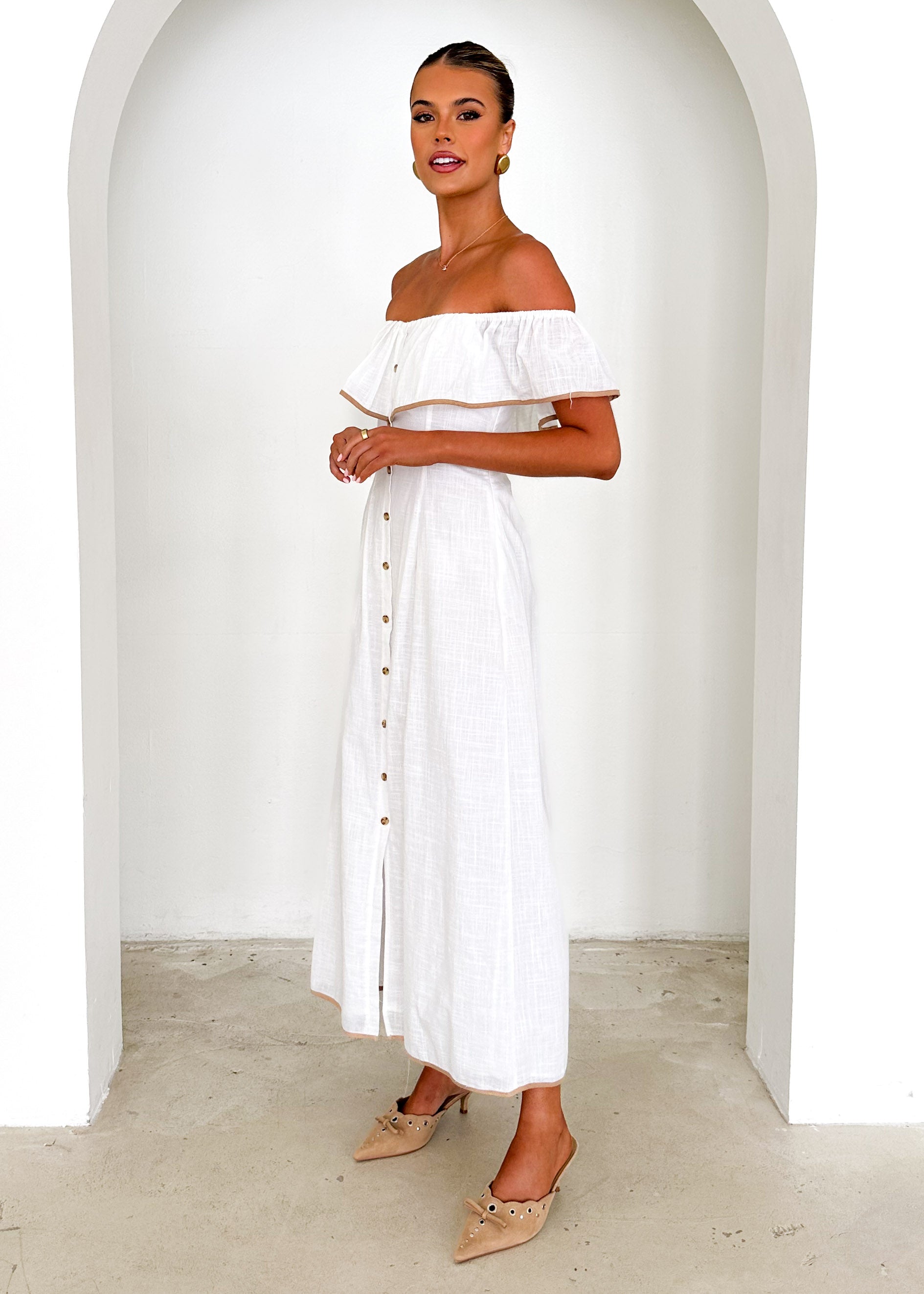 Genesis Off Shoulder Midi Dress - Off White