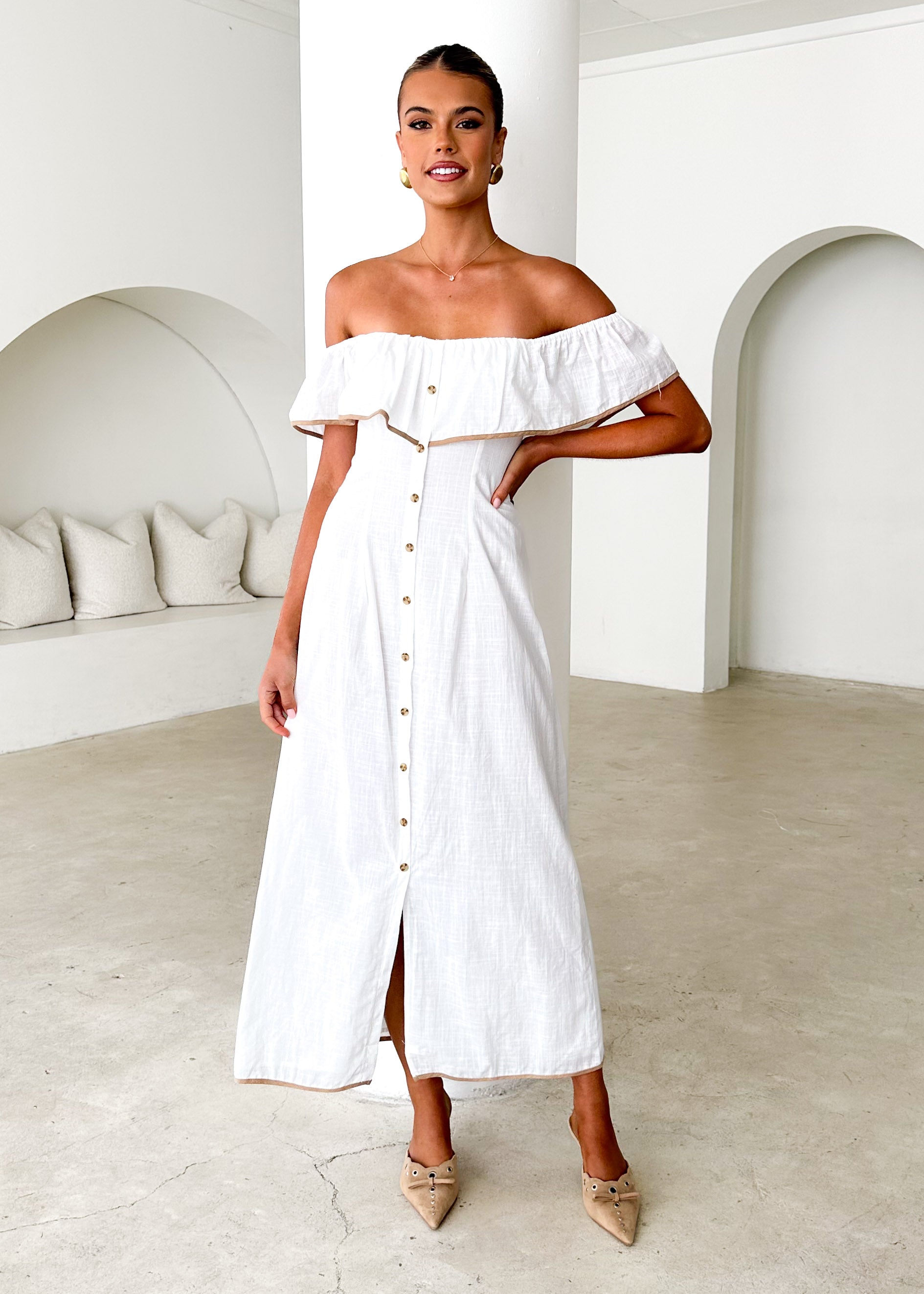 Genesis Off Shoulder Midi Dress - Off White