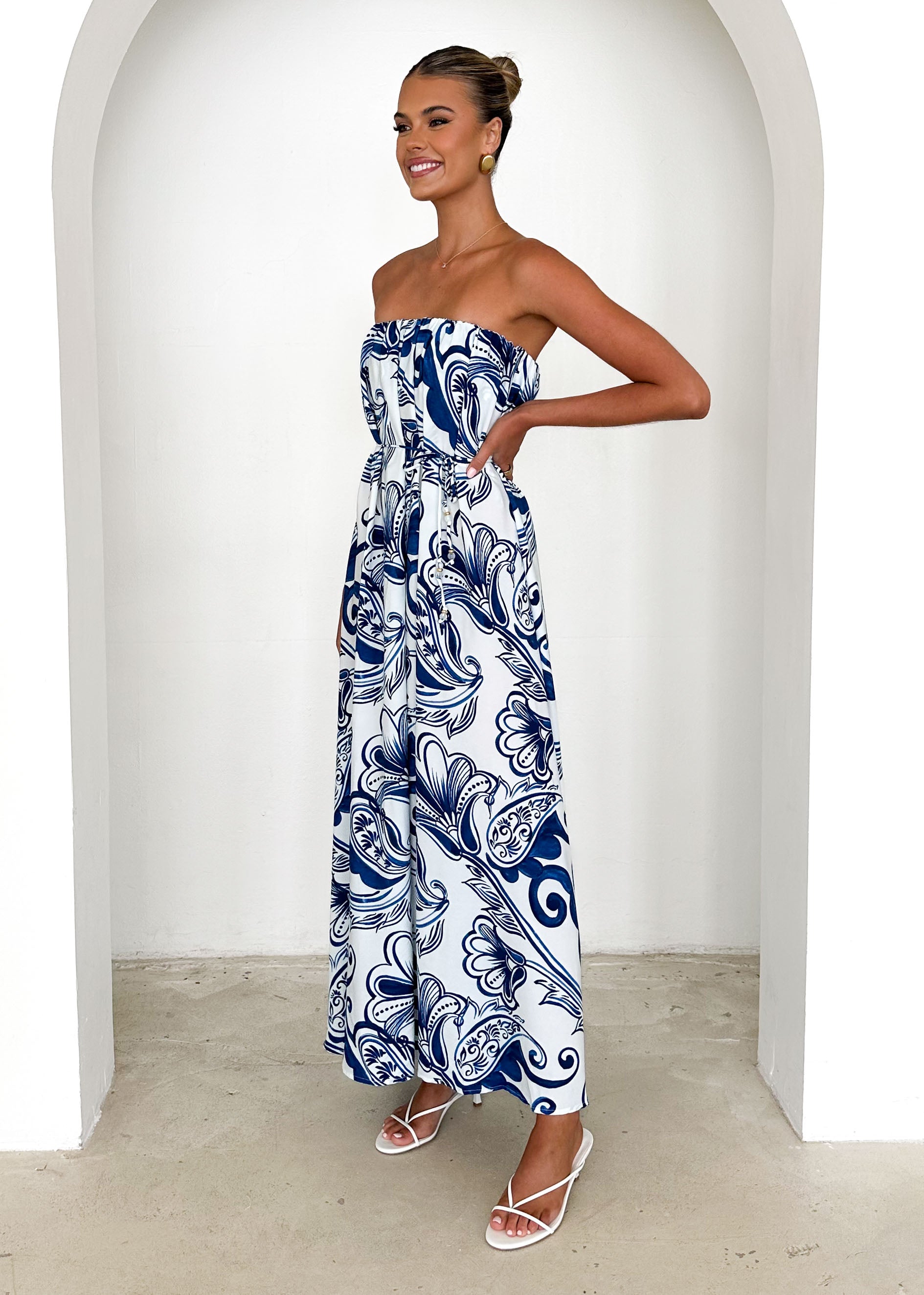 Rabiah Strapless Maxi Dress - Blue Paisley