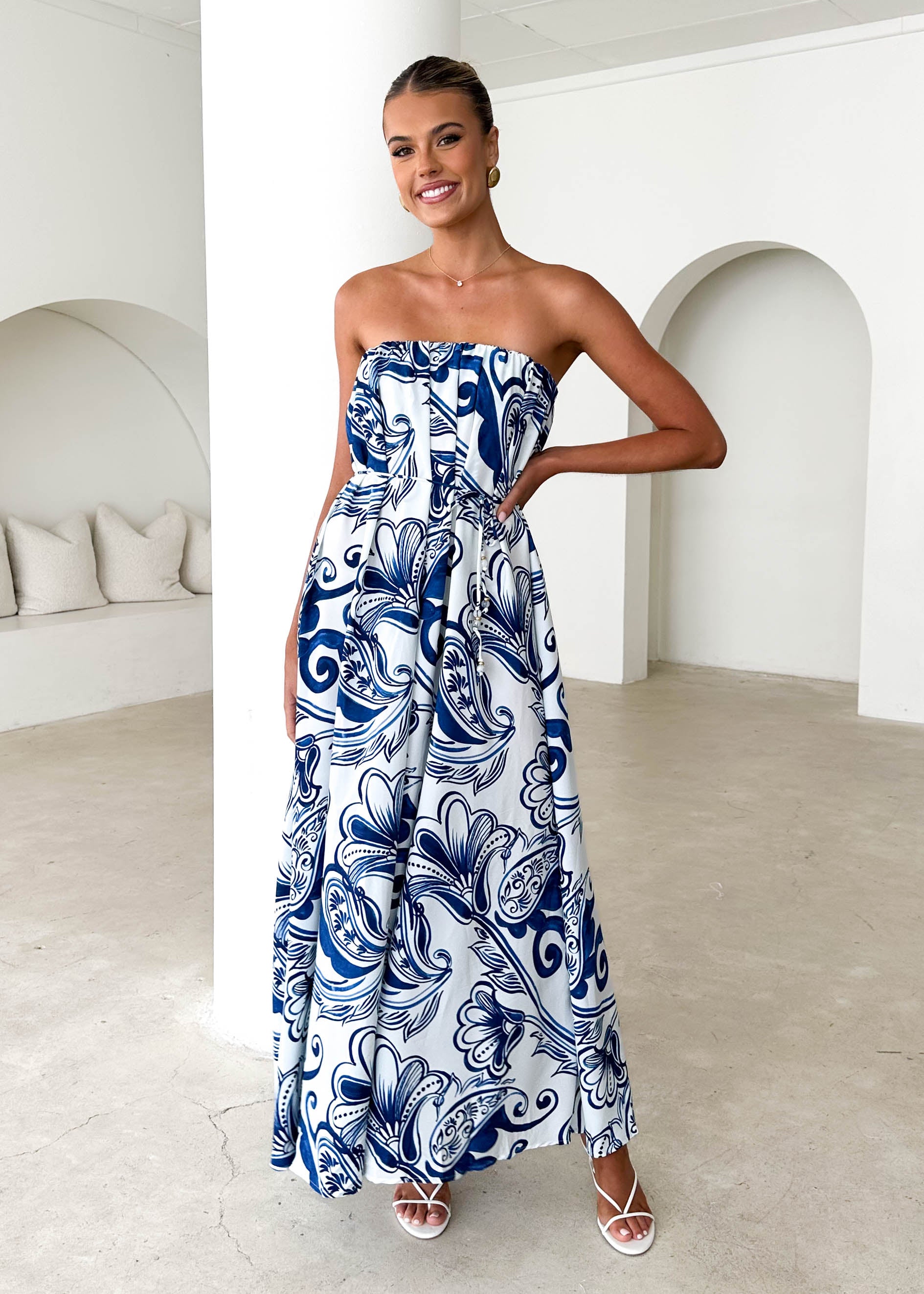 Rabiah Strapless Maxi Dress - Blue Paisley