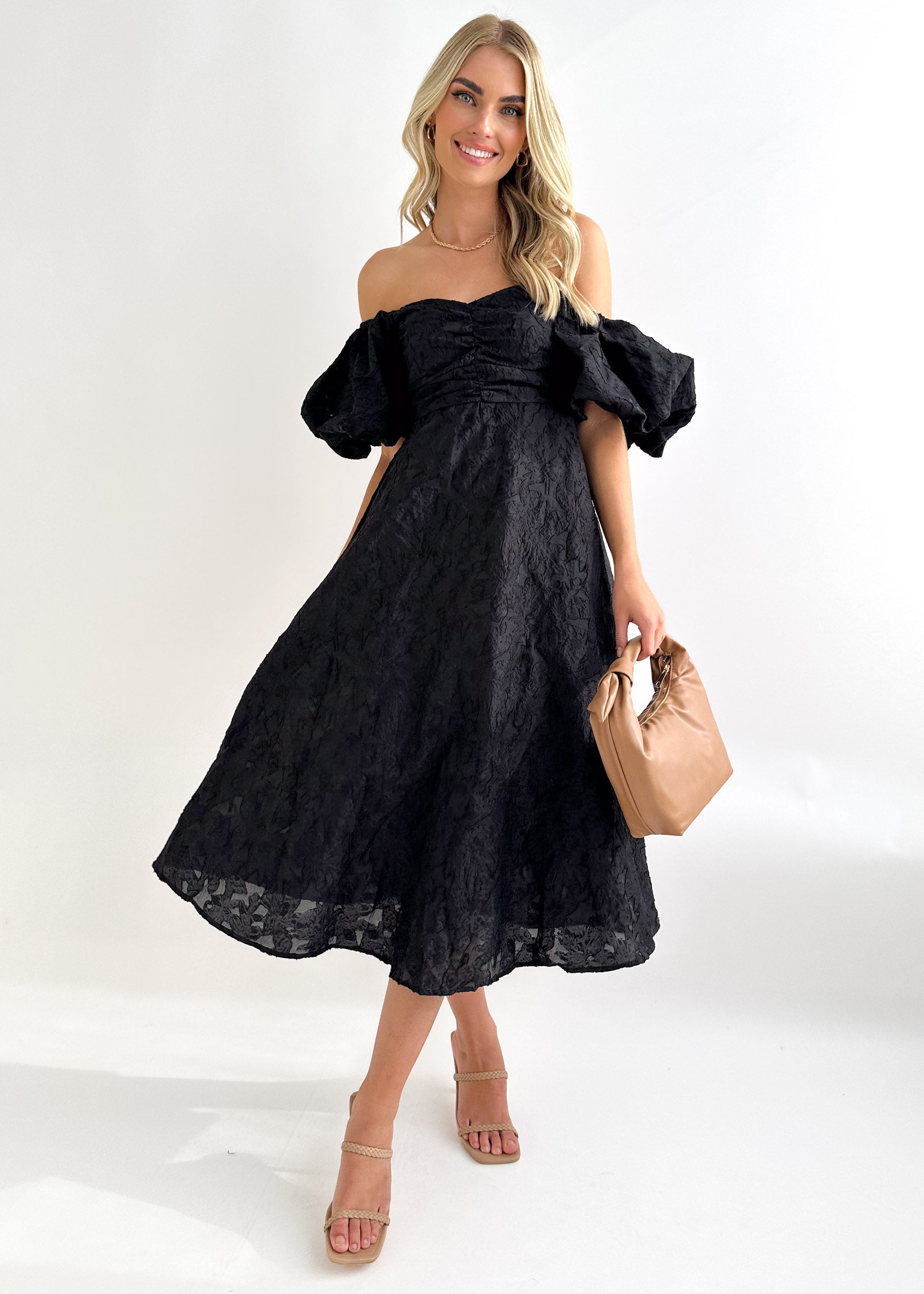 Sienni Off Shoulder Midi Dress - Black