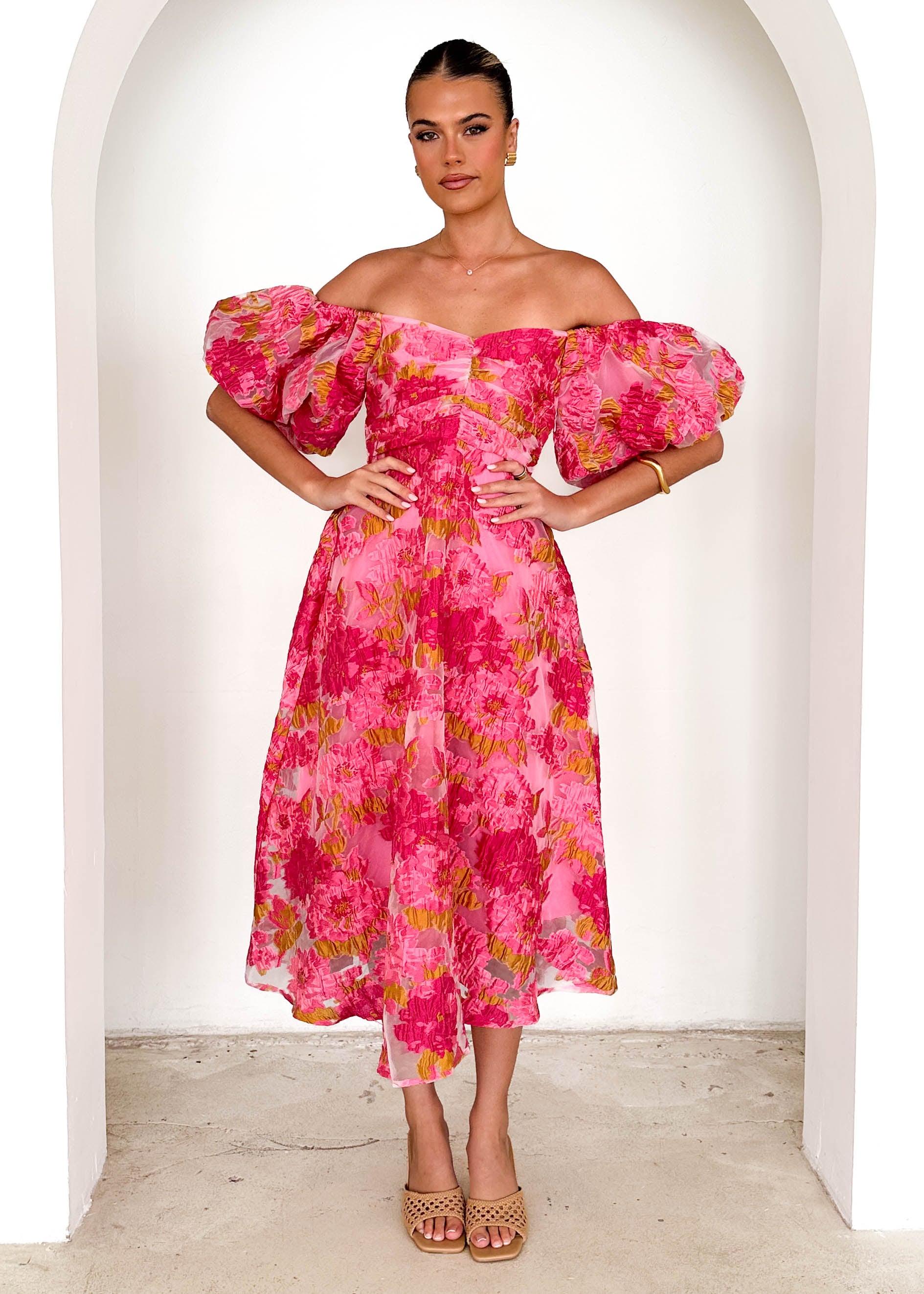 PRE-ORDER: Tulliah Off Shoulder Midi Dress - Pink Jacquard