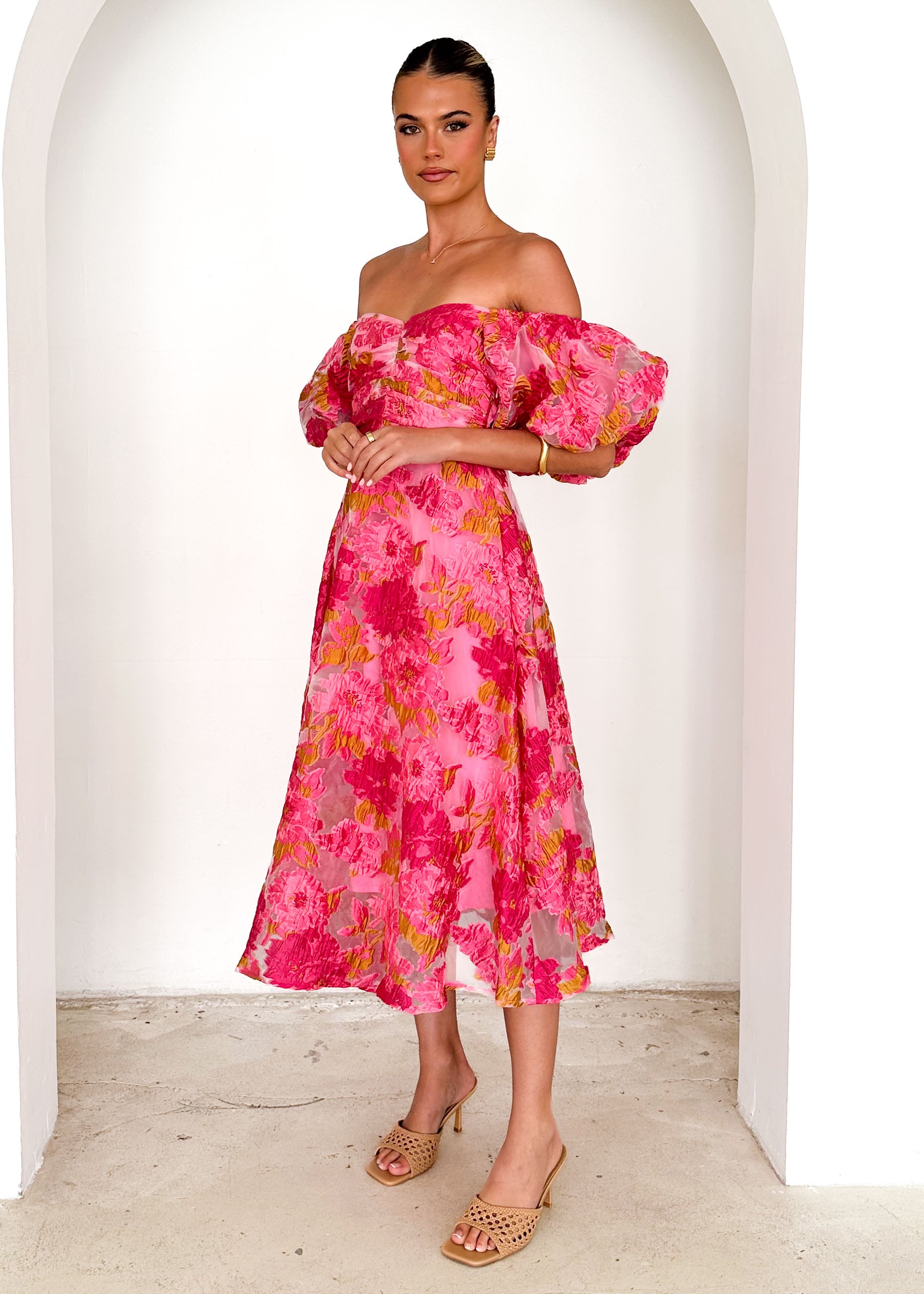 PRE-ORDER: Tulliah Off Shoulder Midi Dress - Pink Jacquard