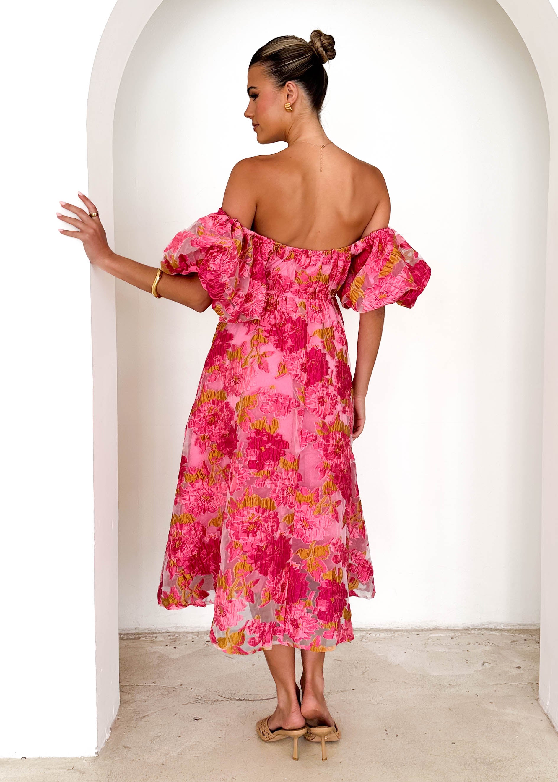 PRE-ORDER: Tulliah Off Shoulder Midi Dress - Pink Jacquard