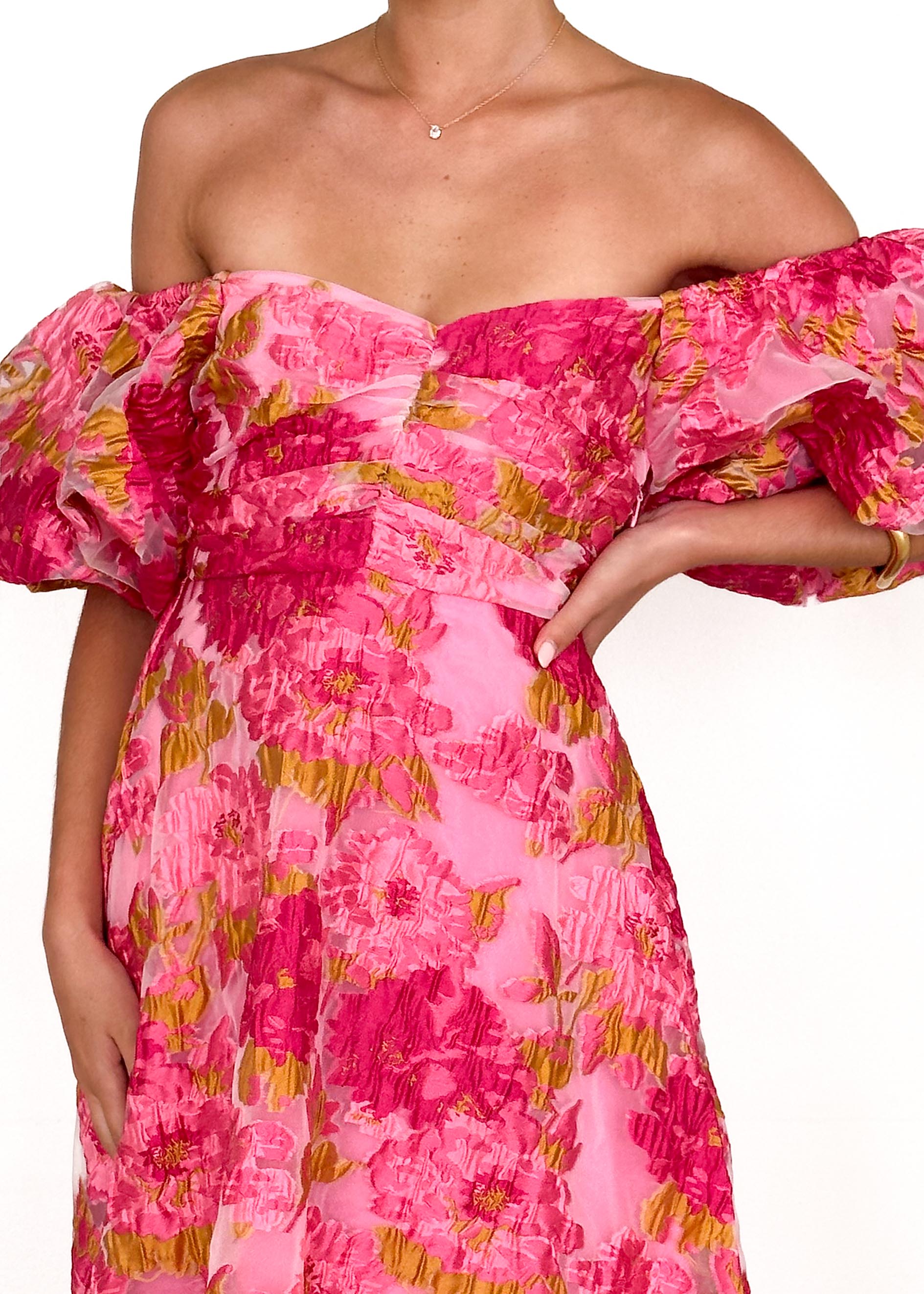 PRE-ORDER: Tulliah Off Shoulder Midi Dress - Pink Jacquard