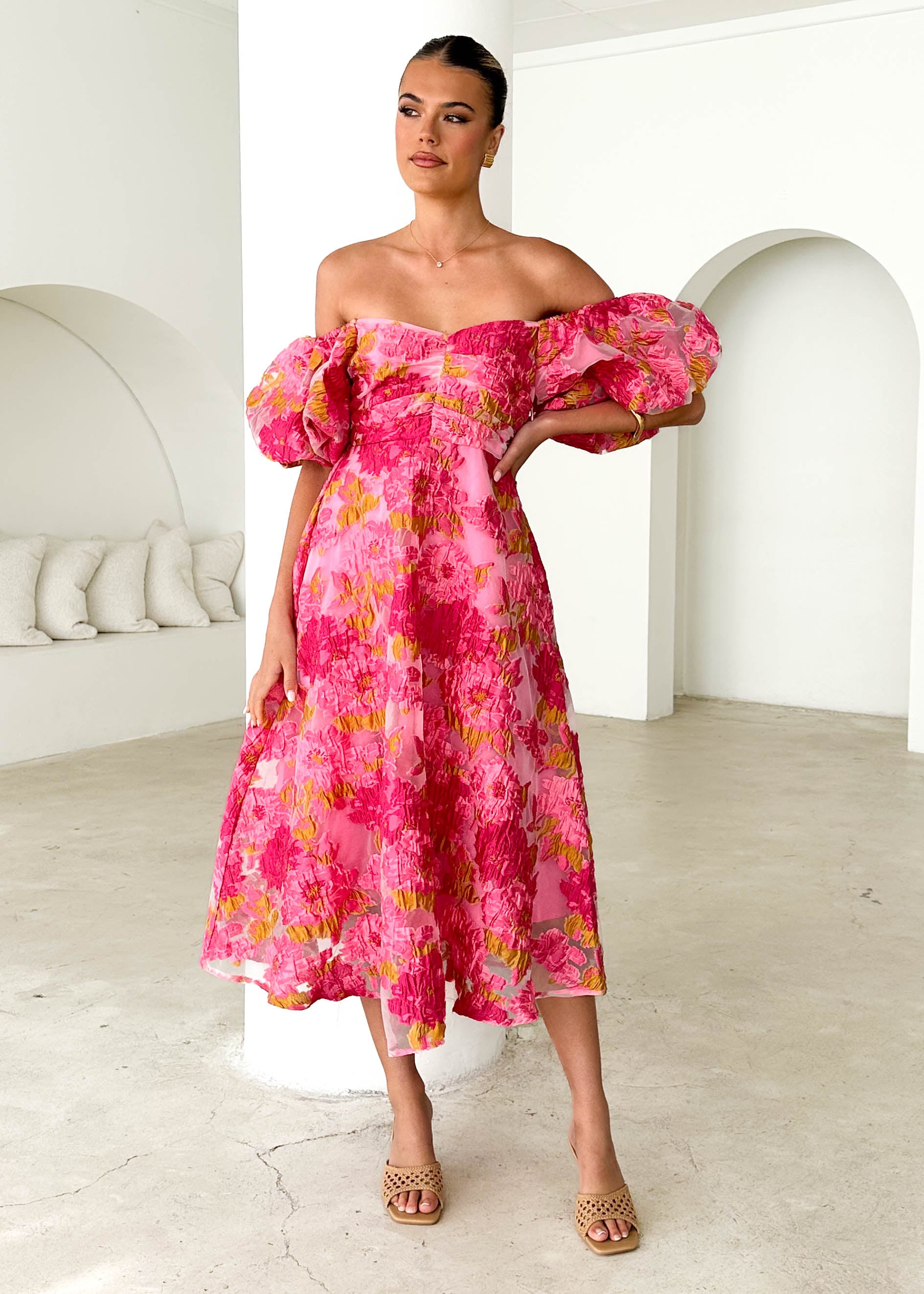 PRE-ORDER: Tulliah Off Shoulder Midi Dress - Pink Jacquard