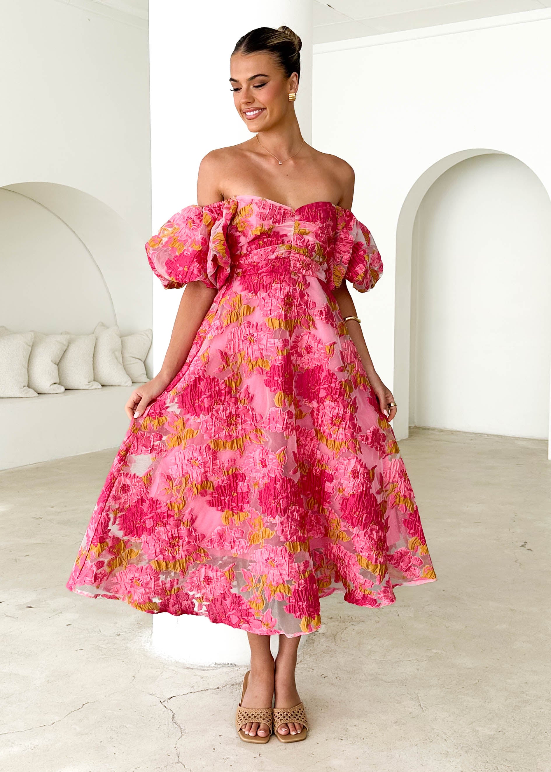 PRE-ORDER: Tulliah Off Shoulder Midi Dress - Pink Jacquard