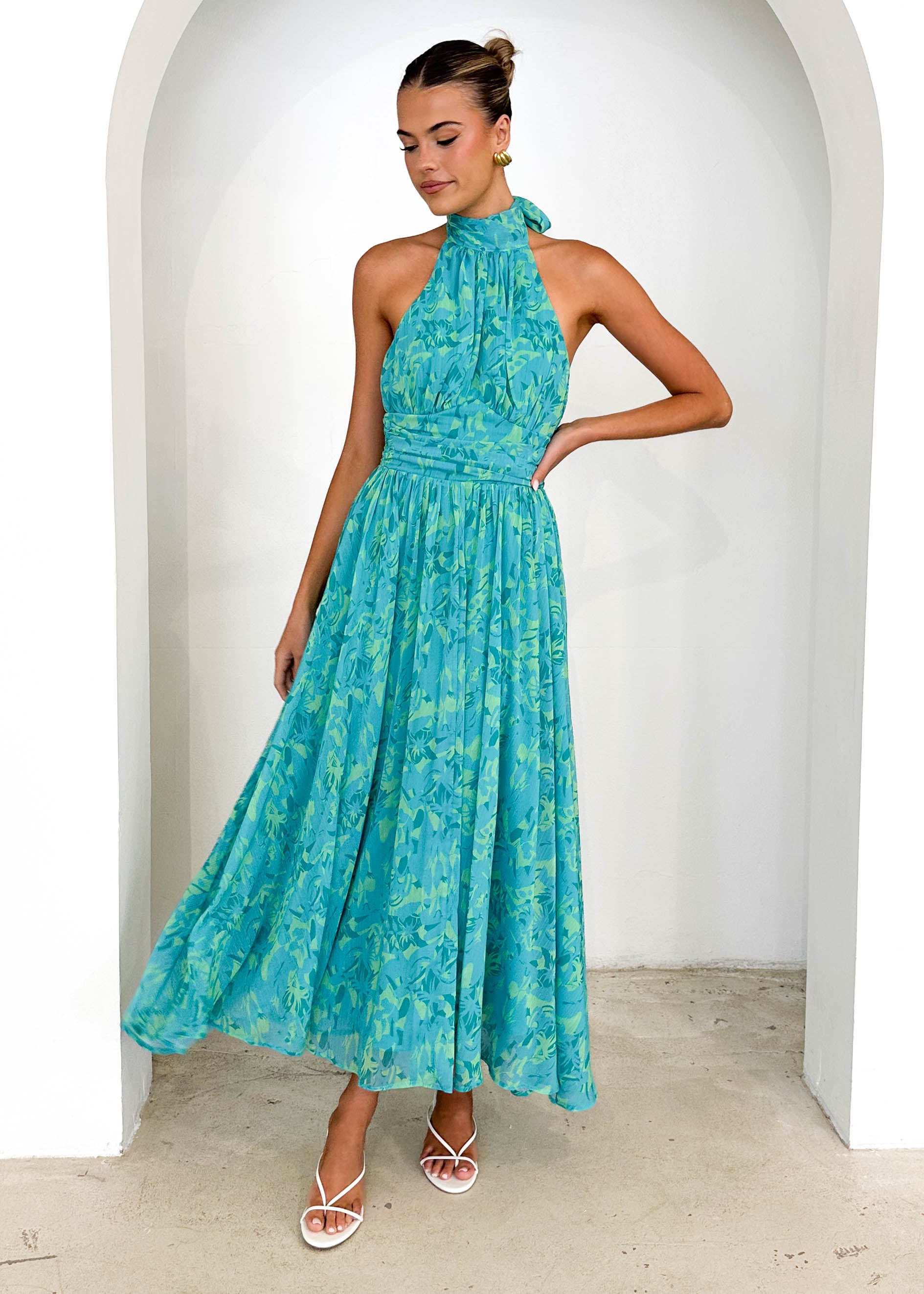 Opium Halter Maxi Dress - Green Abstract