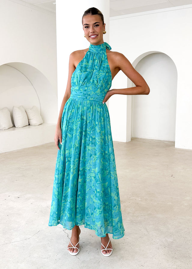 Opium Halter Maxi Dress - Green Abstract