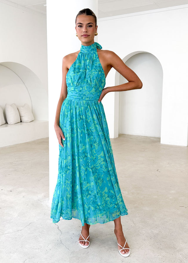 Opium Halter Maxi Dress - Green Abstract