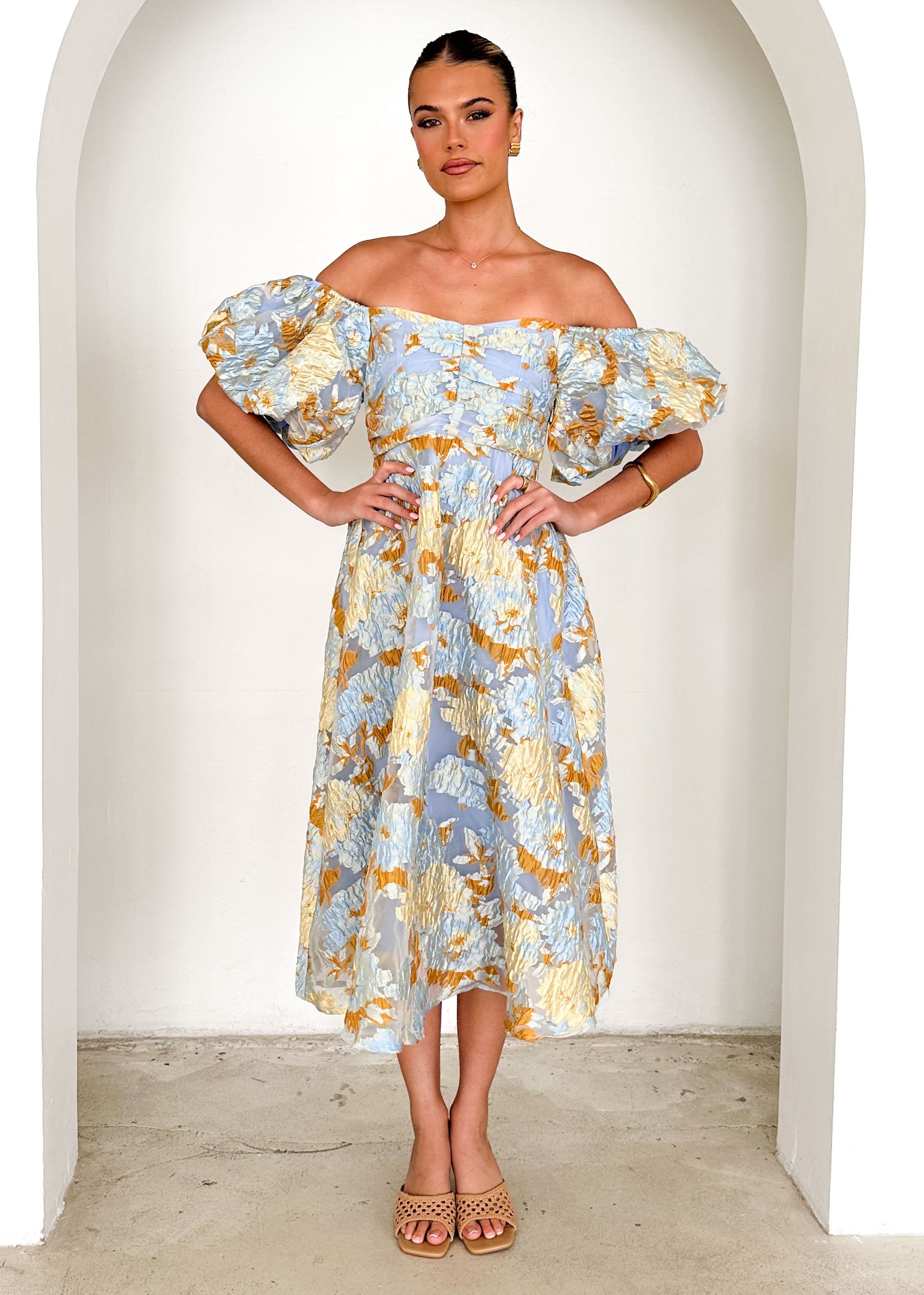 PRE-ORDER: Tulliah Off Shoulder Midi Dress - Blue Jacquard