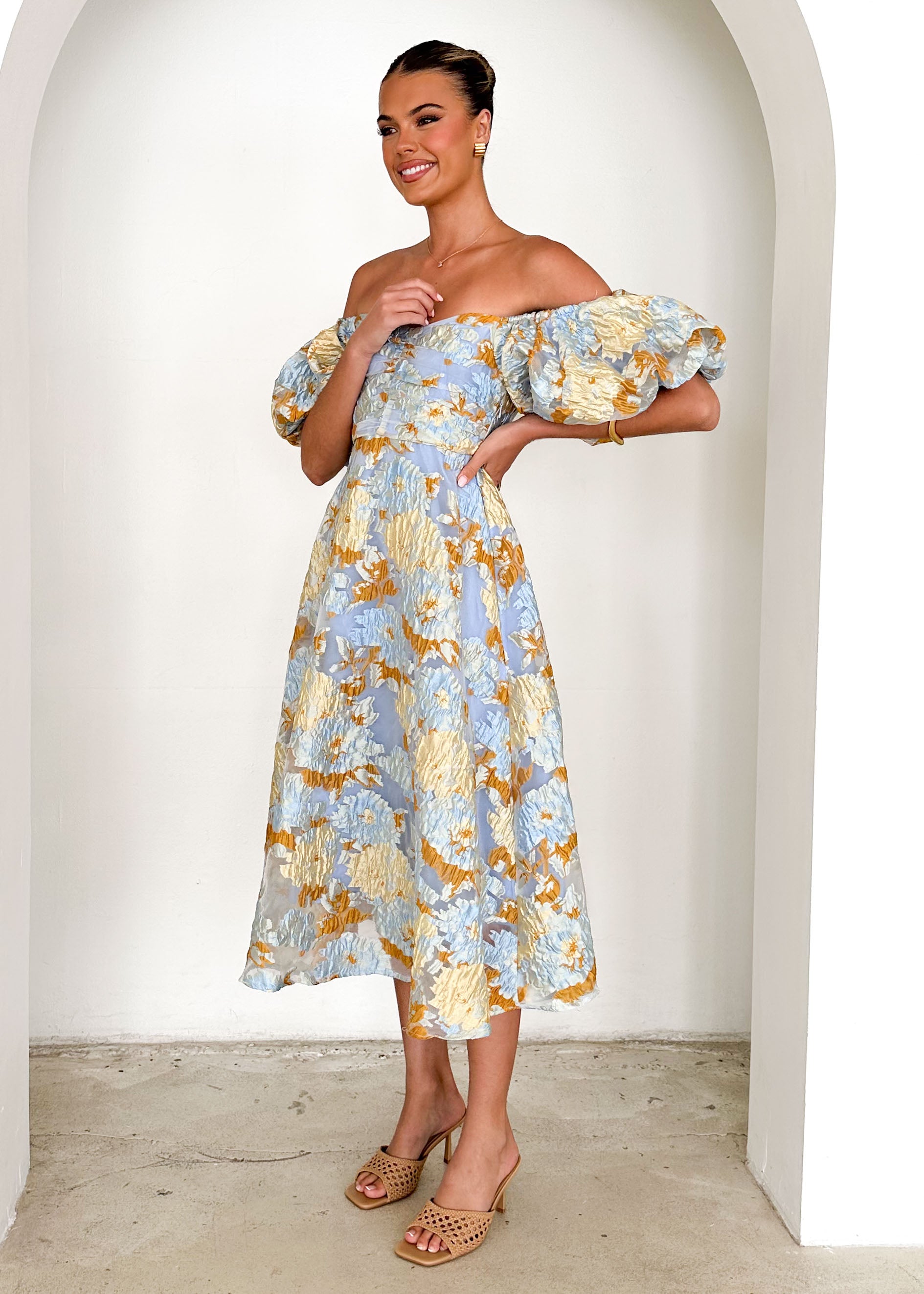 PRE-ORDER: Tulliah Off Shoulder Midi Dress - Blue Jacquard