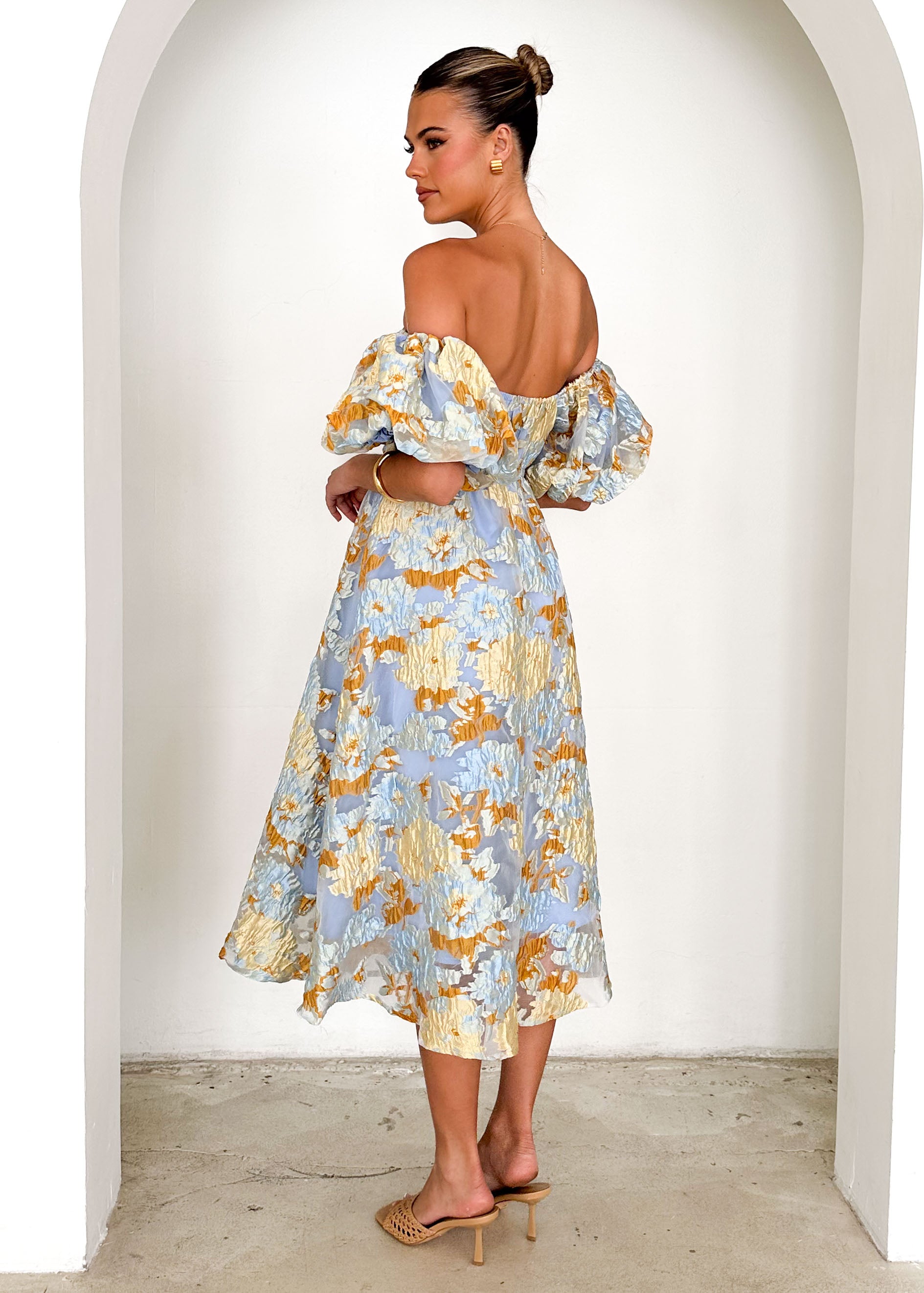 PRE-ORDER: Tulliah Off Shoulder Midi Dress - Blue Jacquard