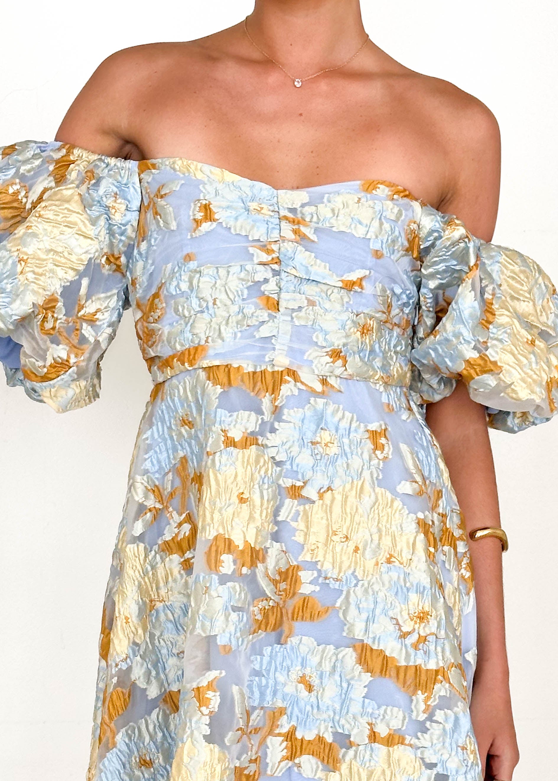 PRE-ORDER: Tulliah Off Shoulder Midi Dress - Blue Jacquard