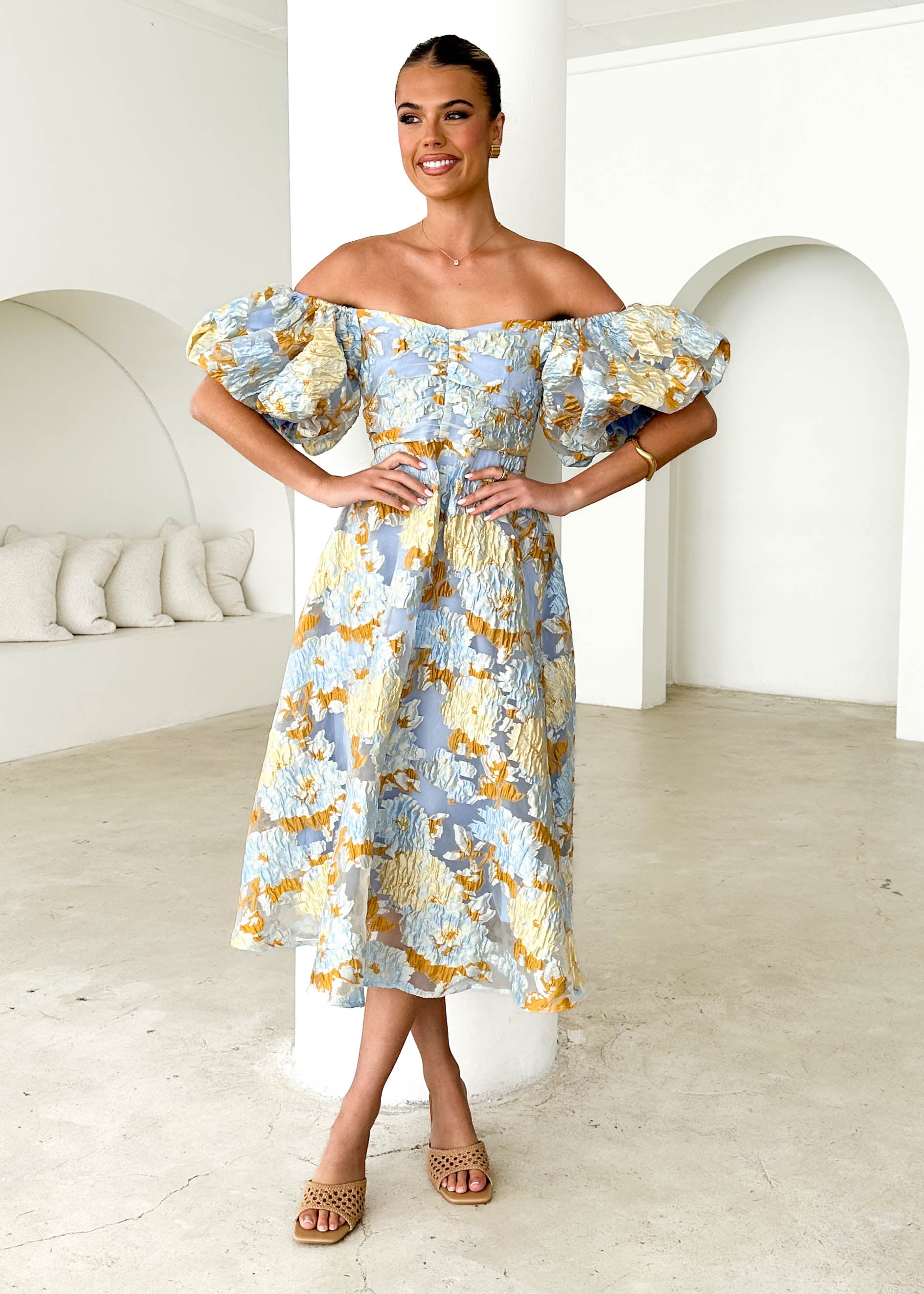 PRE-ORDER: Tulliah Off Shoulder Midi Dress - Blue Jacquard