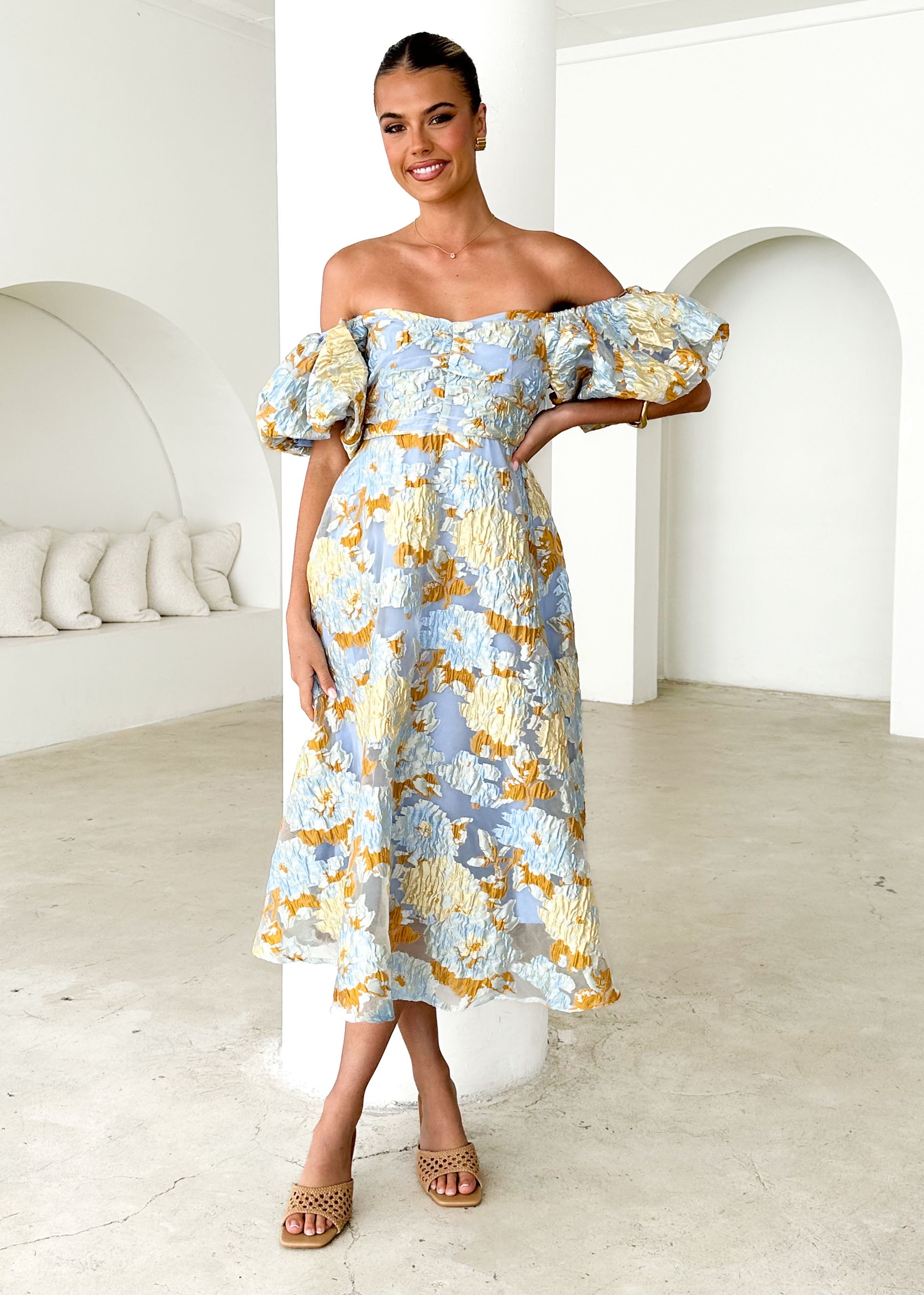 PRE-ORDER: Tulliah Off Shoulder Midi Dress - Blue Jacquard