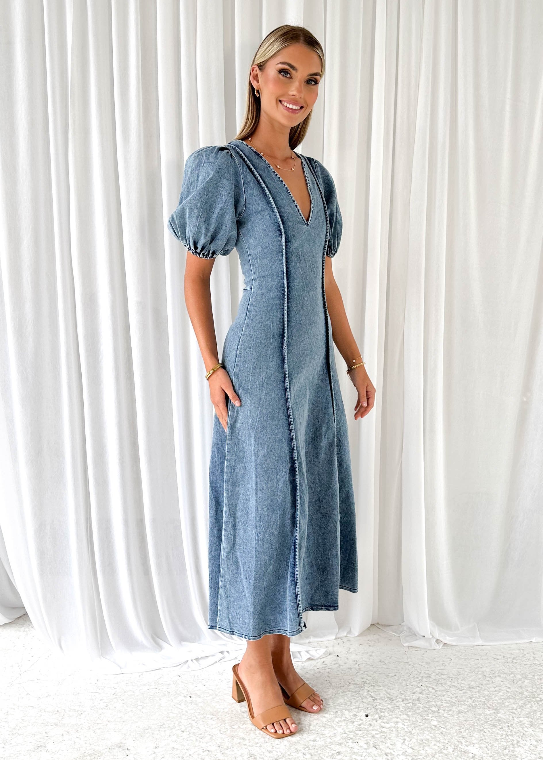 Madrie Stretch Denim Midi Dress - Mid Blue
