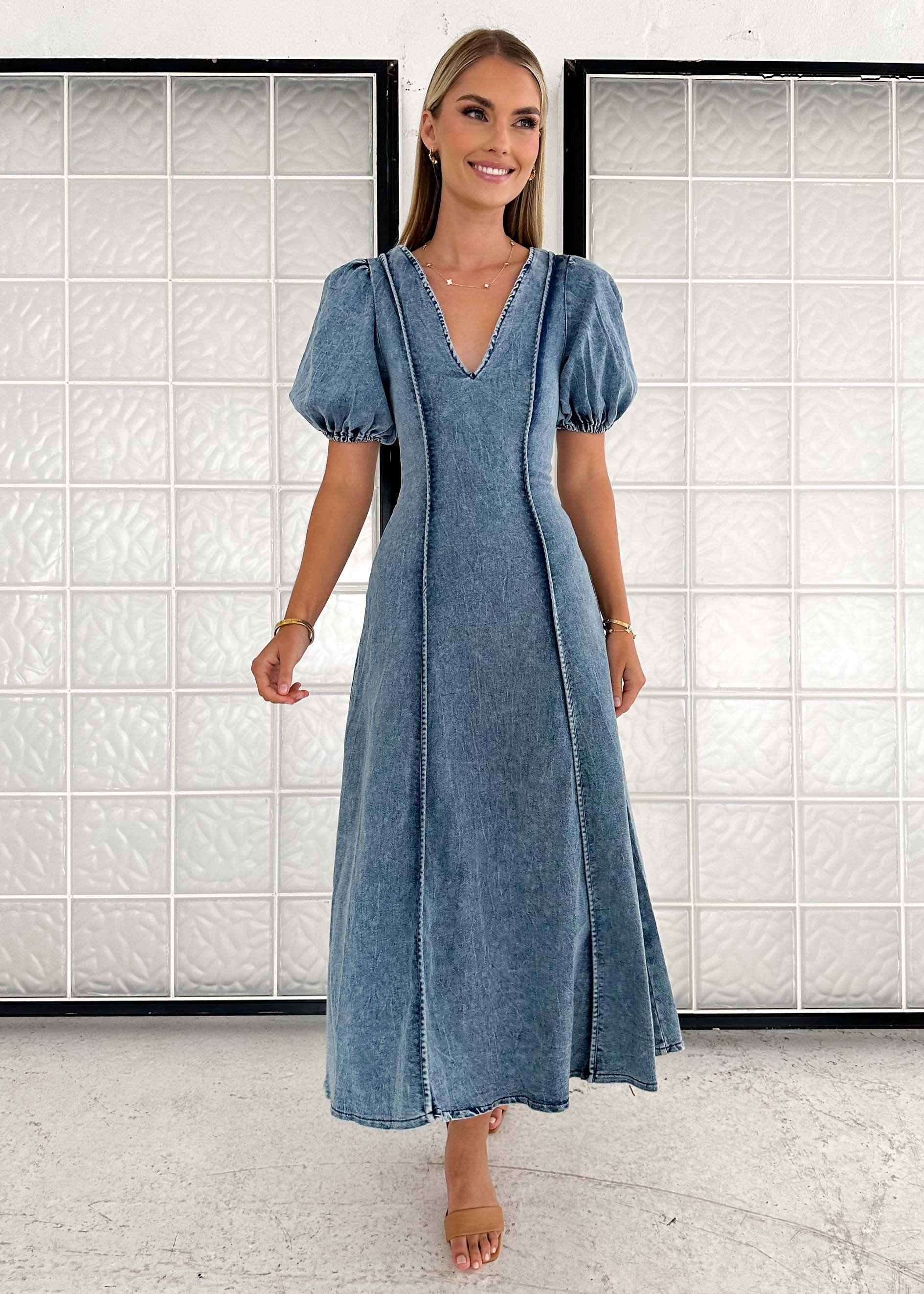 Madrie Stretch Denim Midi Dress - Mid Blue