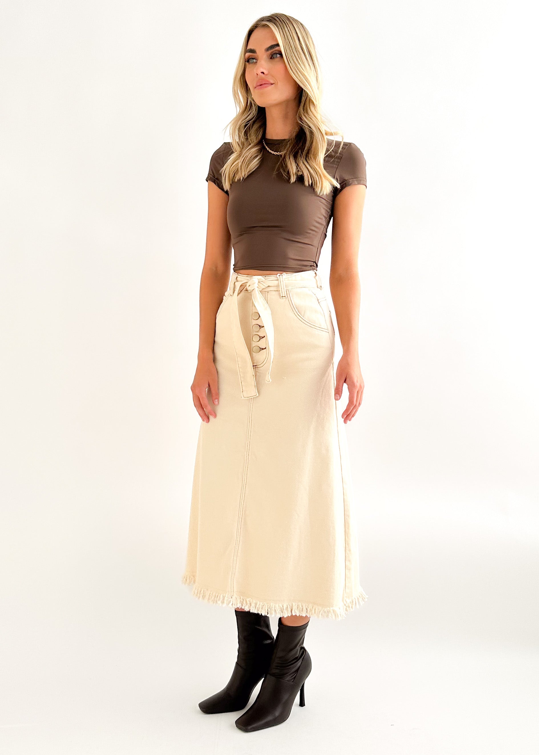 Keila Stretch Denim Midi Skirt - Cream