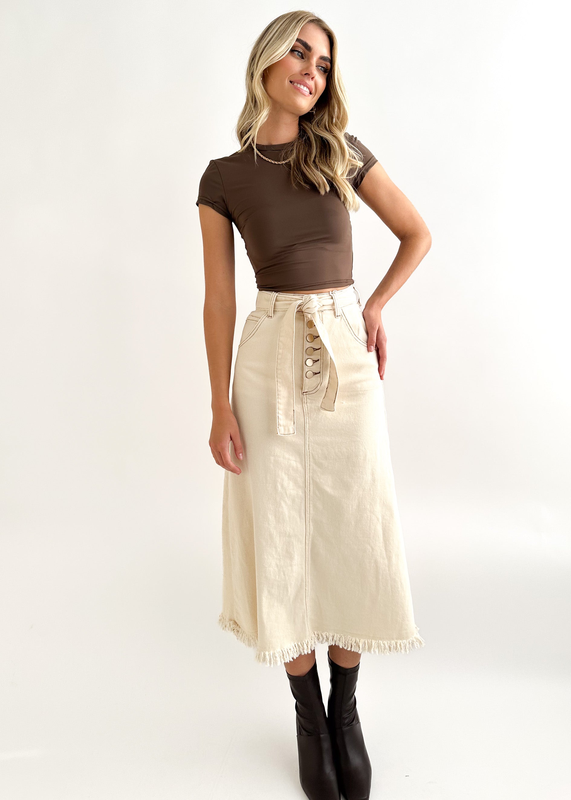 Keila Stretch Denim Midi Skirt - Cream