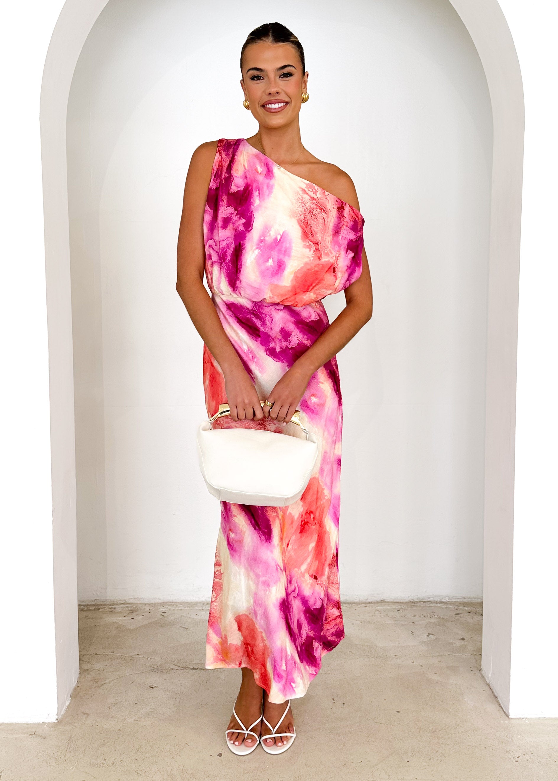 Banksy One Shoulder Maxi Dress - Magenta Splash