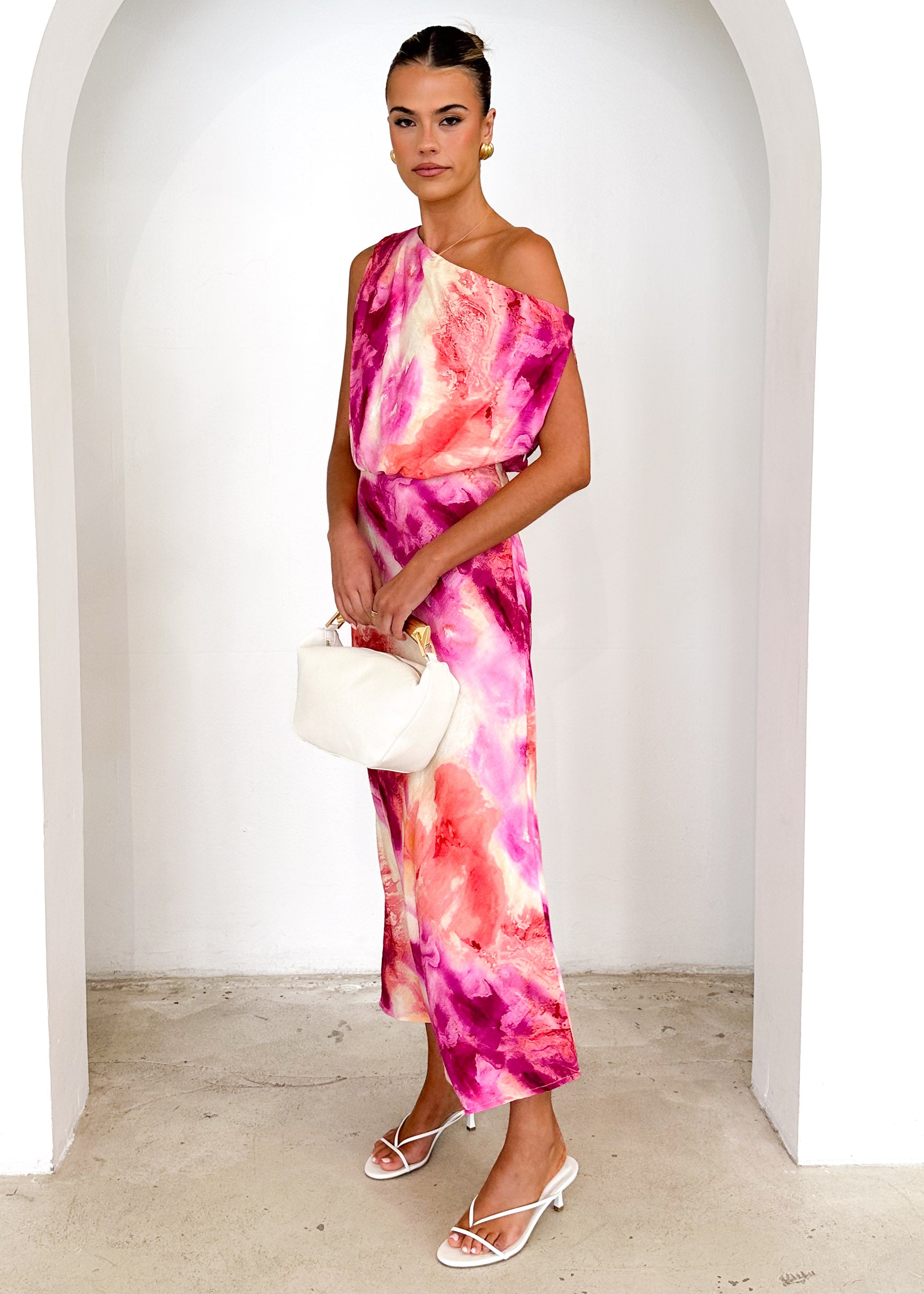 Banksy One Shoulder Maxi Dress - Magenta Splash