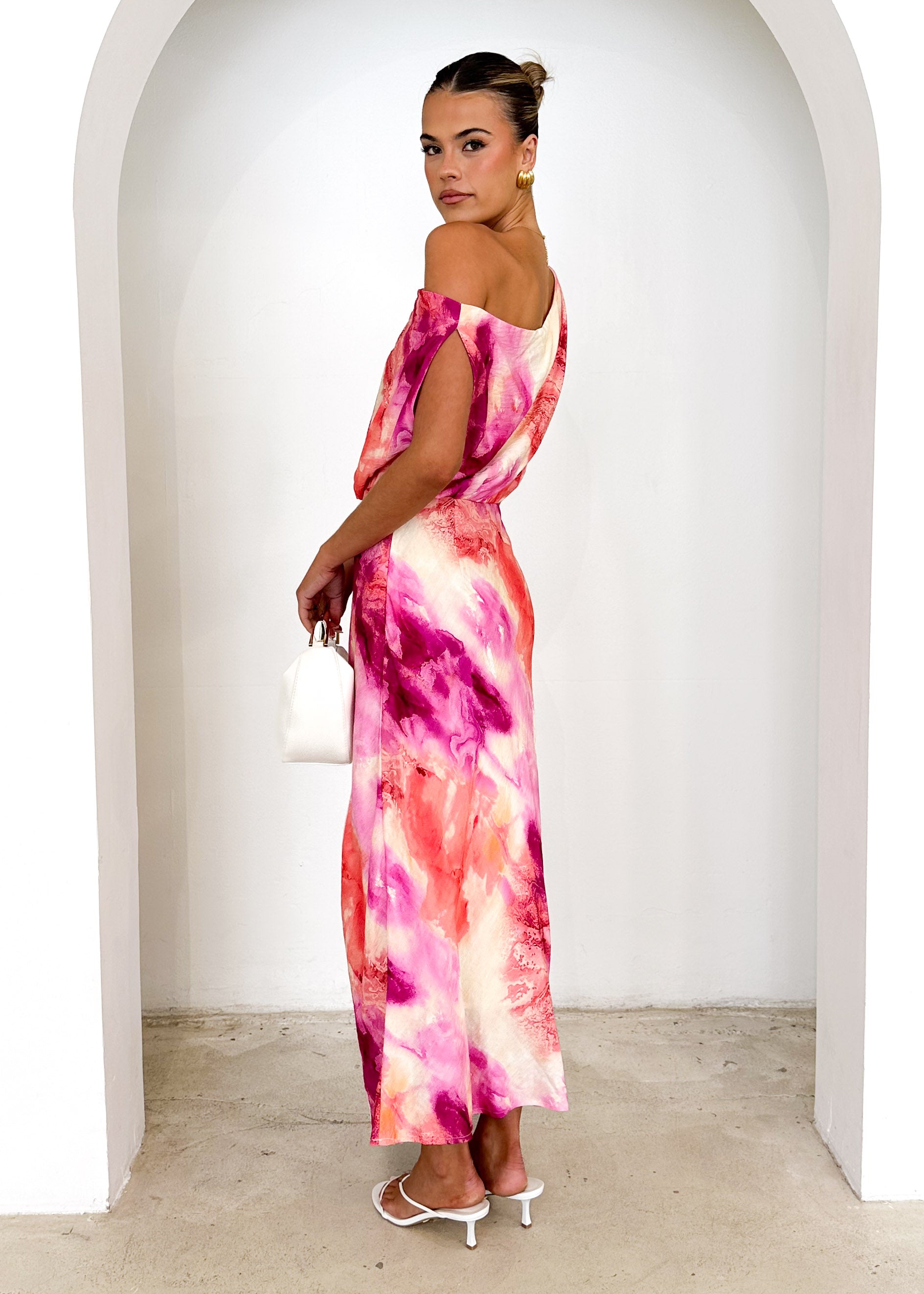 Banksy One Shoulder Maxi Dress - Magenta Splash