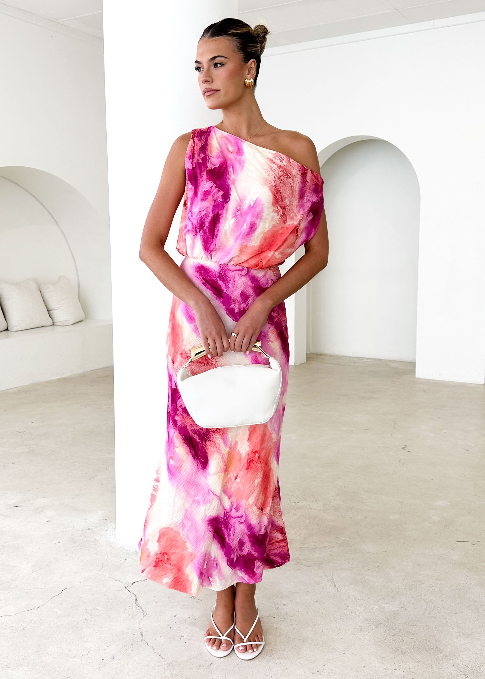 Banksy One Shoulder Maxi Dress - Magenta Splash