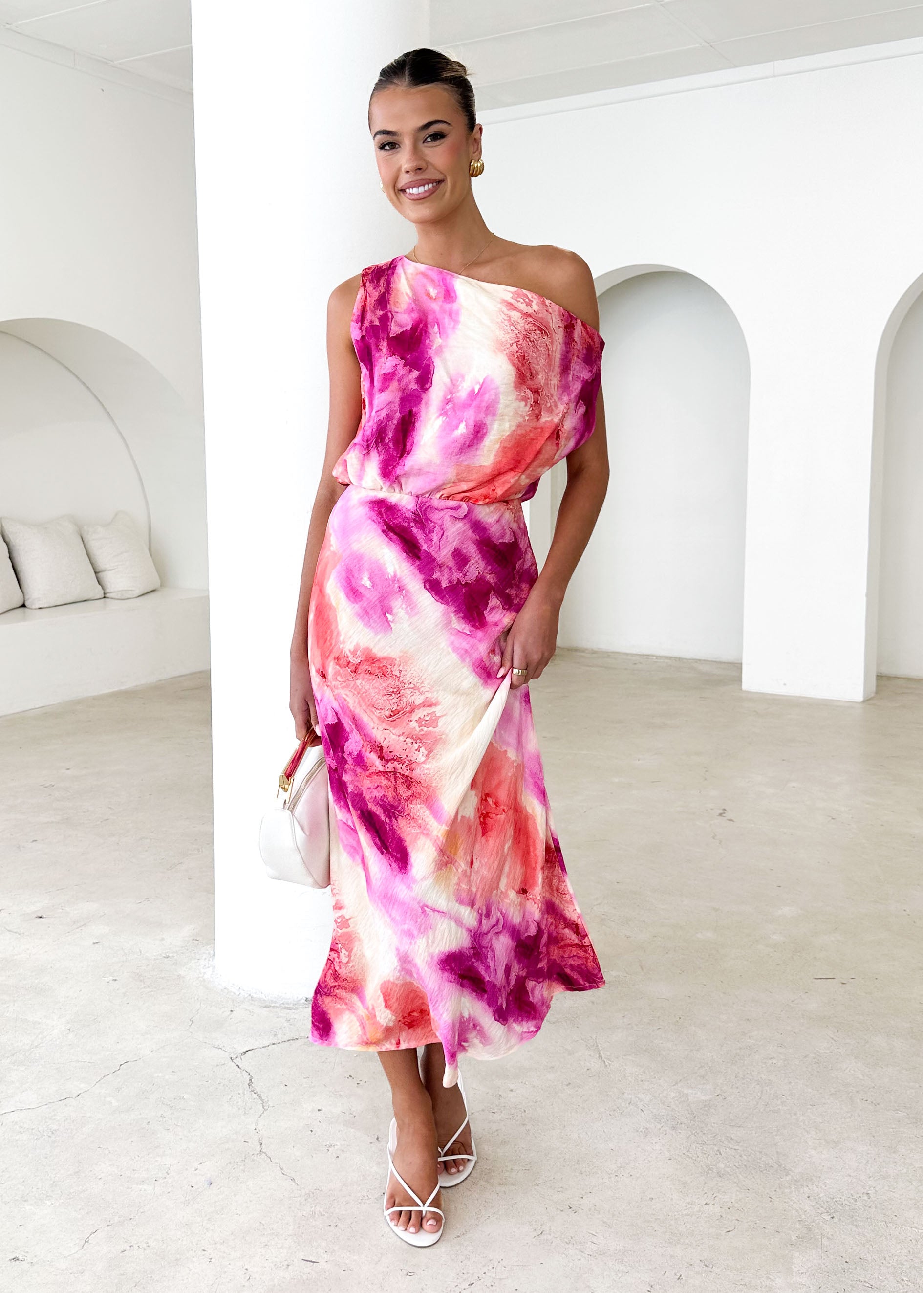 Banksy One Shoulder Maxi Dress - Magenta Splash