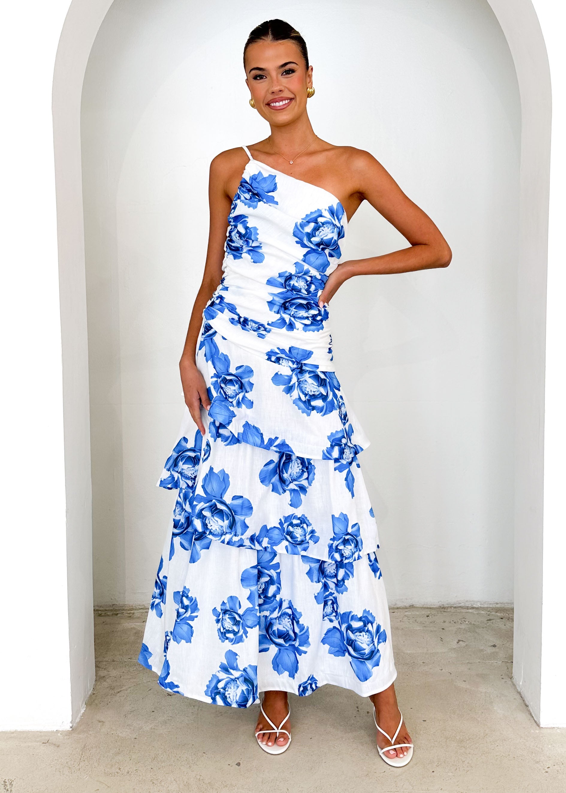 Aspra One Shoulder Midi Dress - Blue Floral