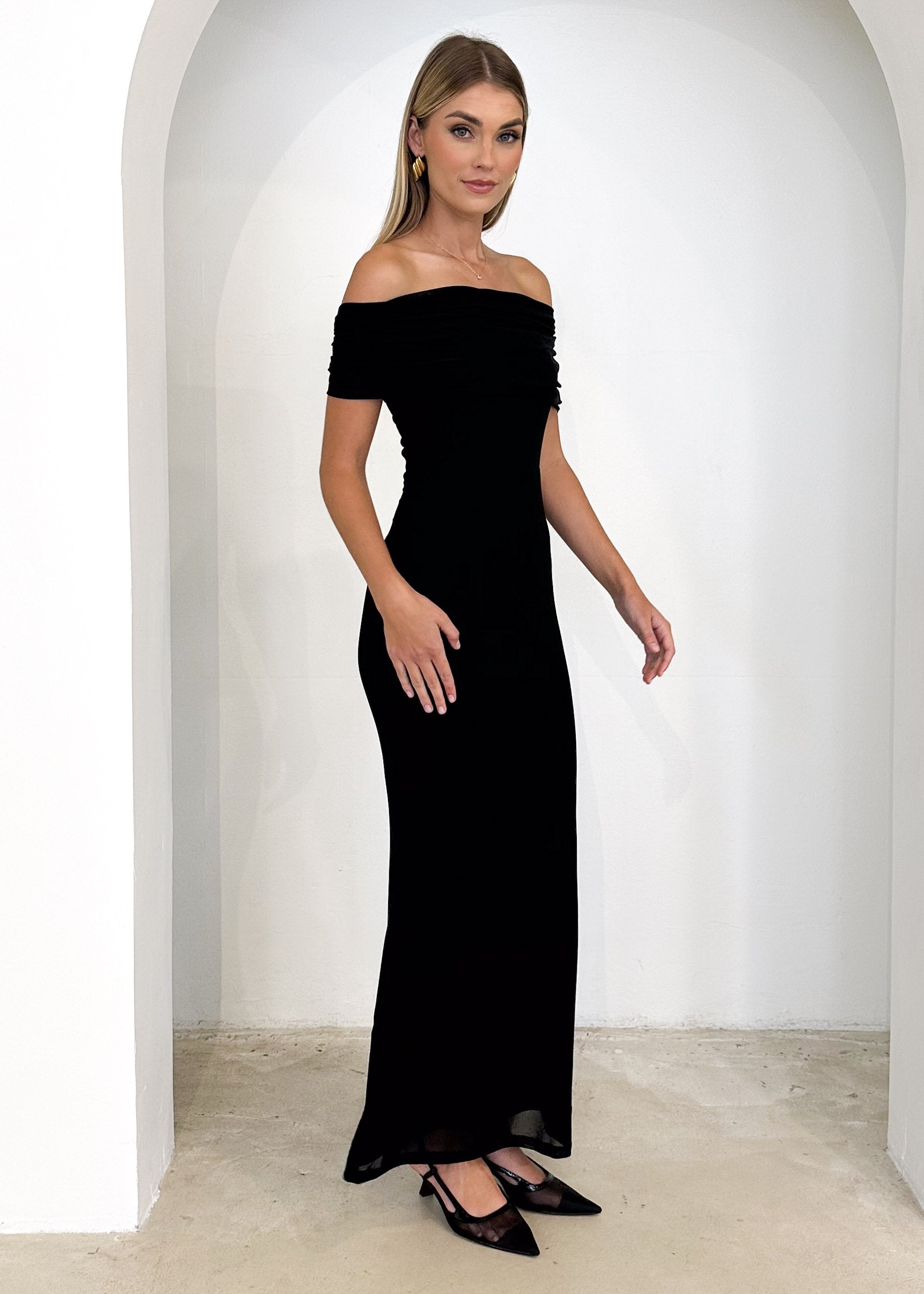 Ahlea Off Shoulder Mesh Maxi Dress - Black