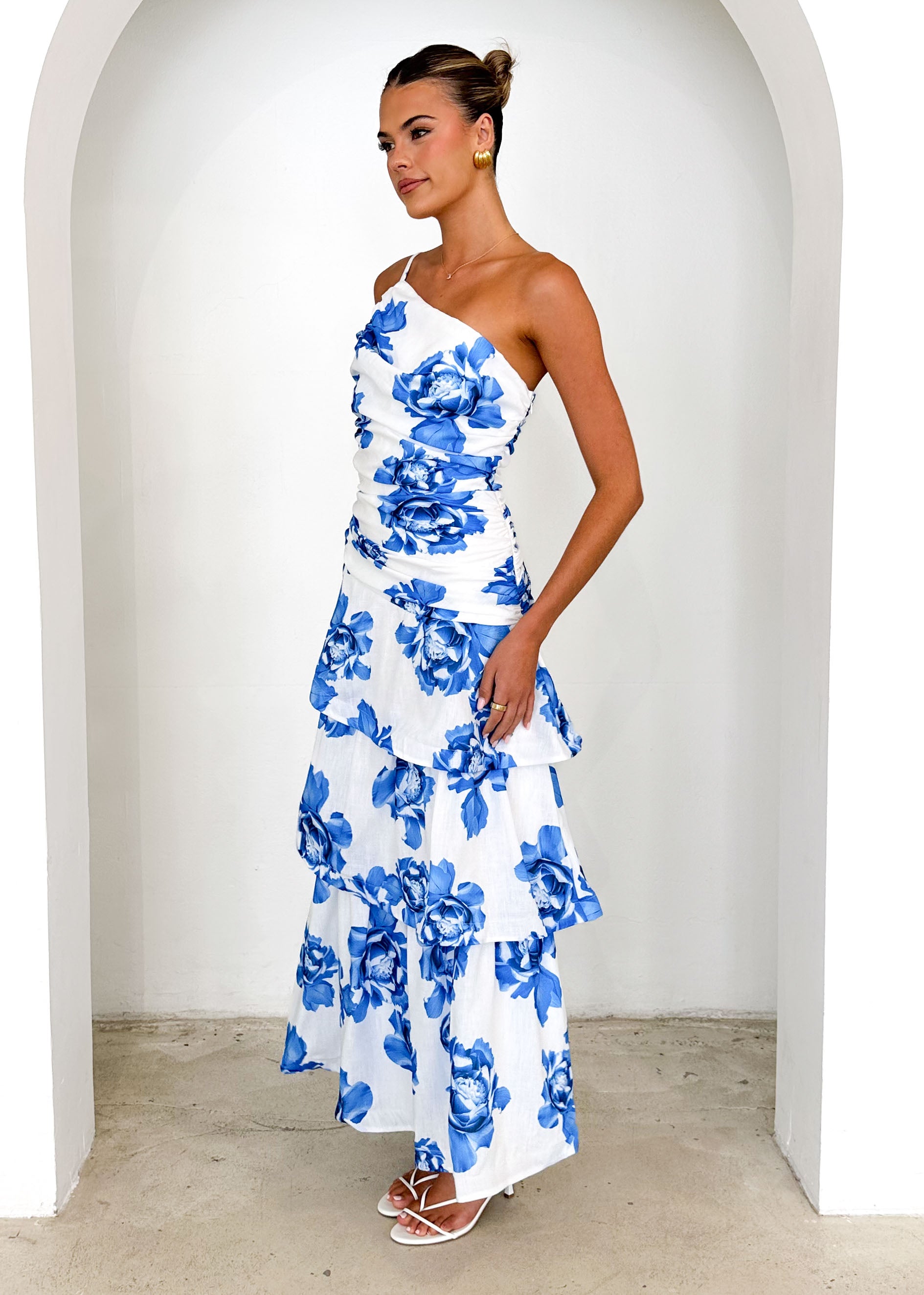 Aspra One Shoulder Midi Dress - Blue Floral