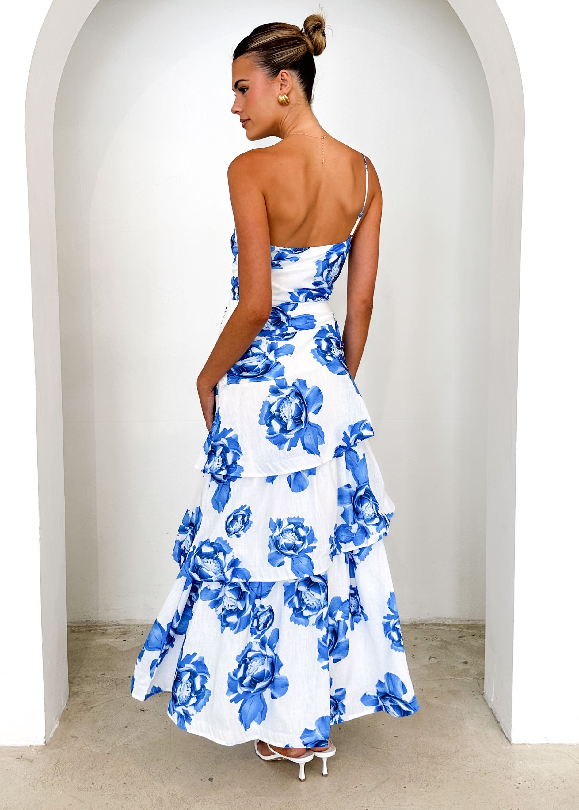 Aspra One Shoulder Midi Dress - Blue Floral