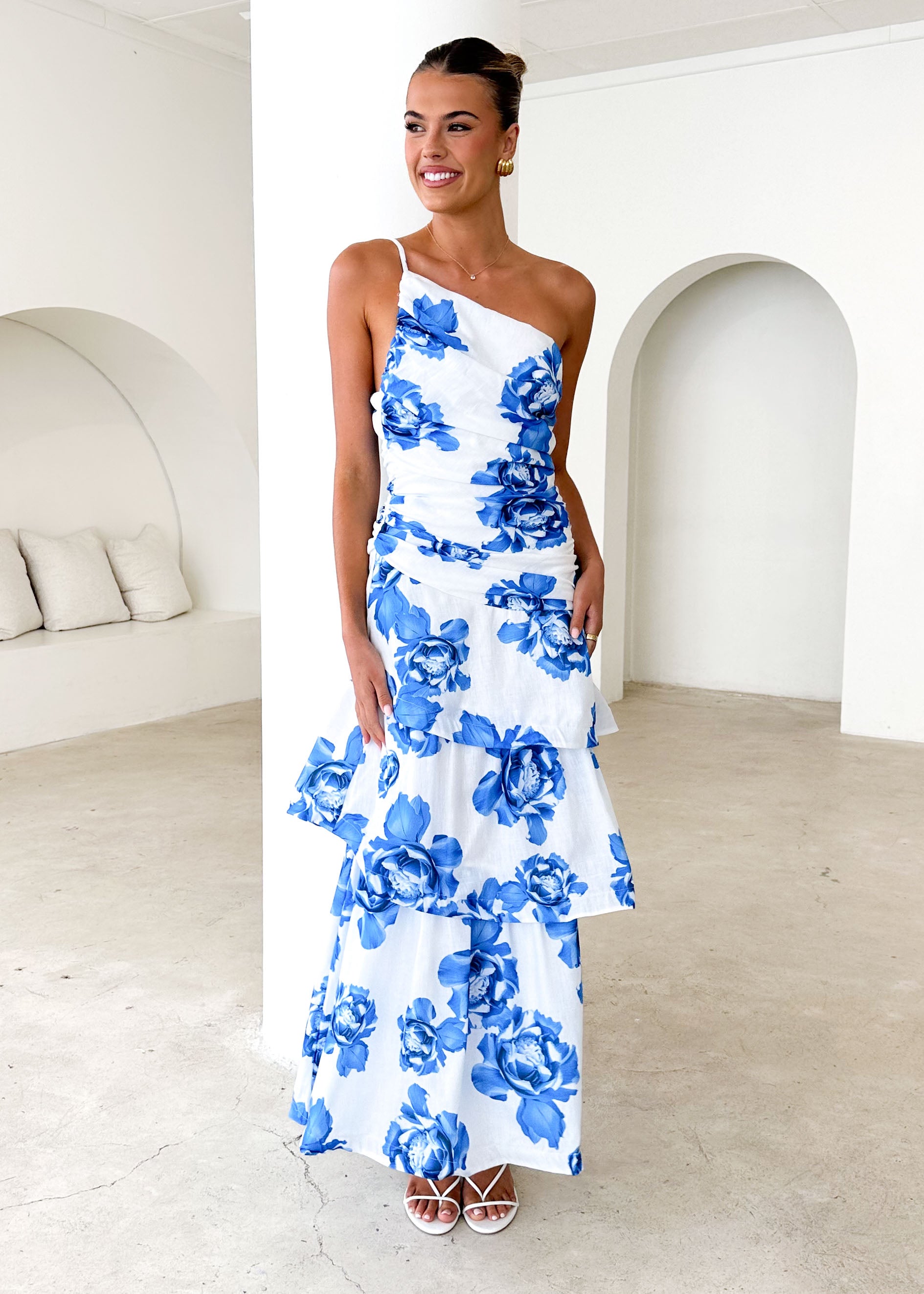 Aspra One Shoulder Midi Dress - Blue Floral