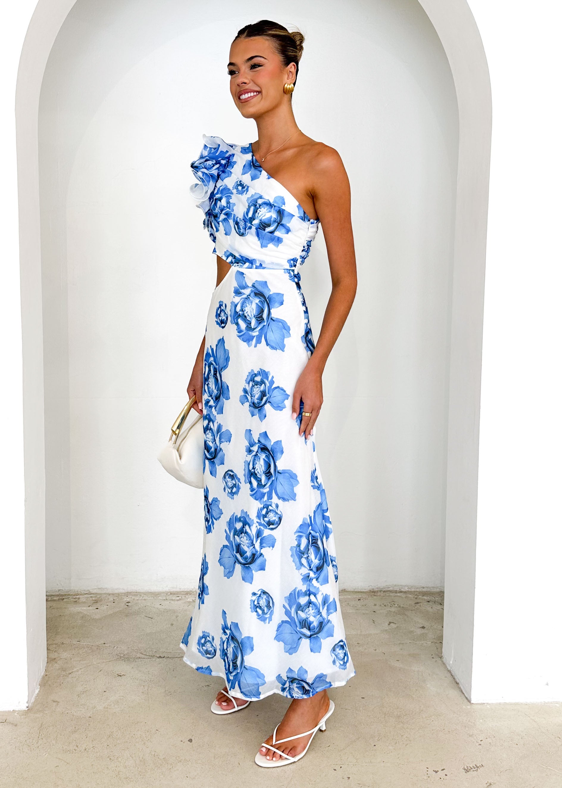 Edon One Shoulder Maxi Dress - Blue Floral