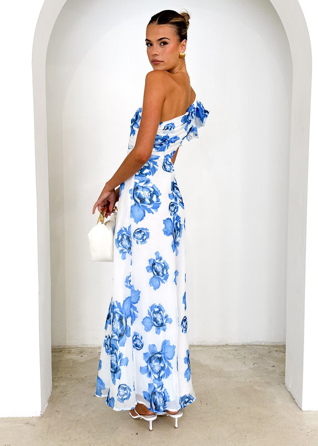 Edon One Shoulder Maxi Dress - Blue Floral Gingham & Heels Edon One Shoulder Maxi Dress - Blue Floral Gingham & Heels