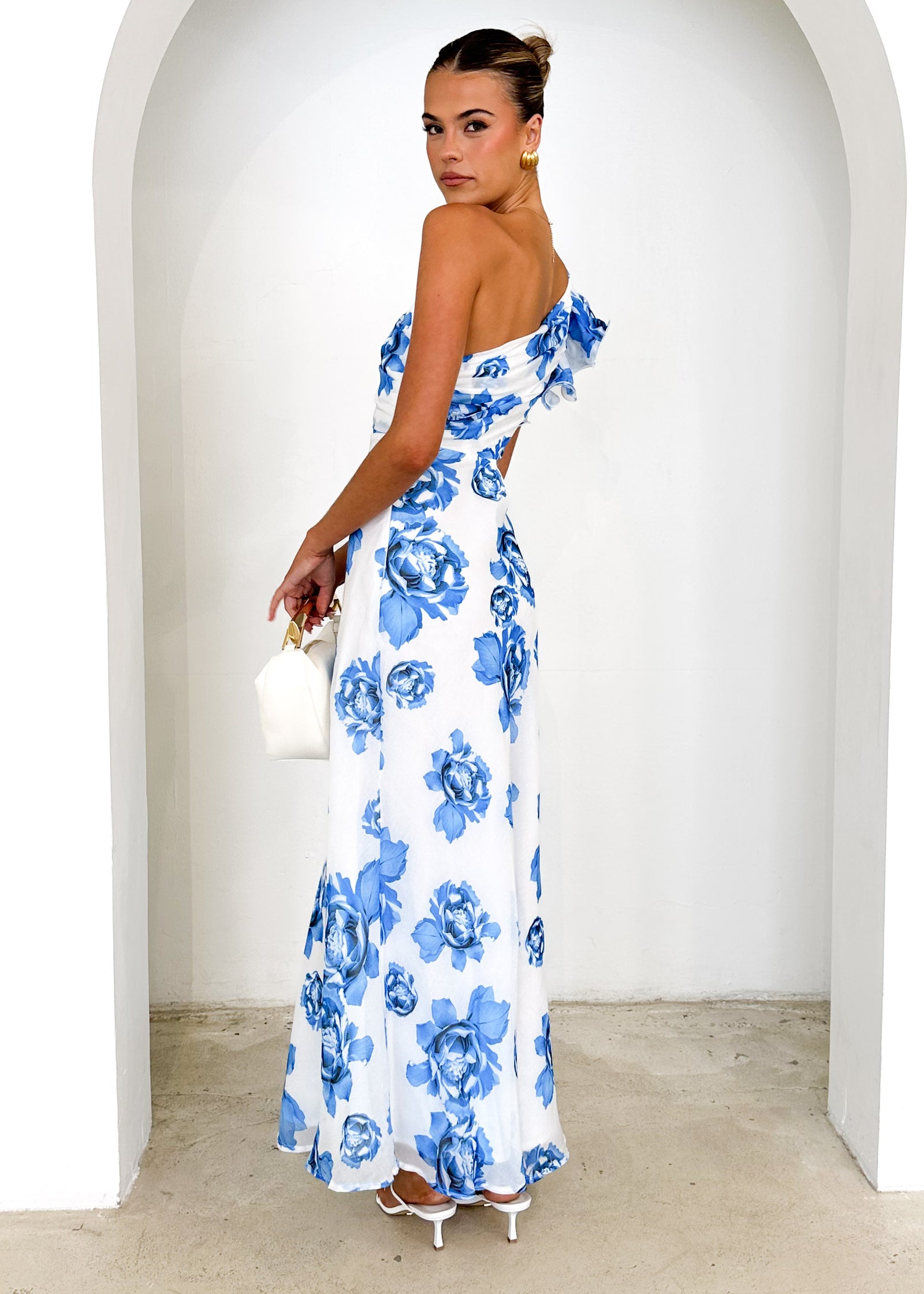 blue and white floral one shoulder dress Blue & White Floral One-Shoulder Mini Dress
