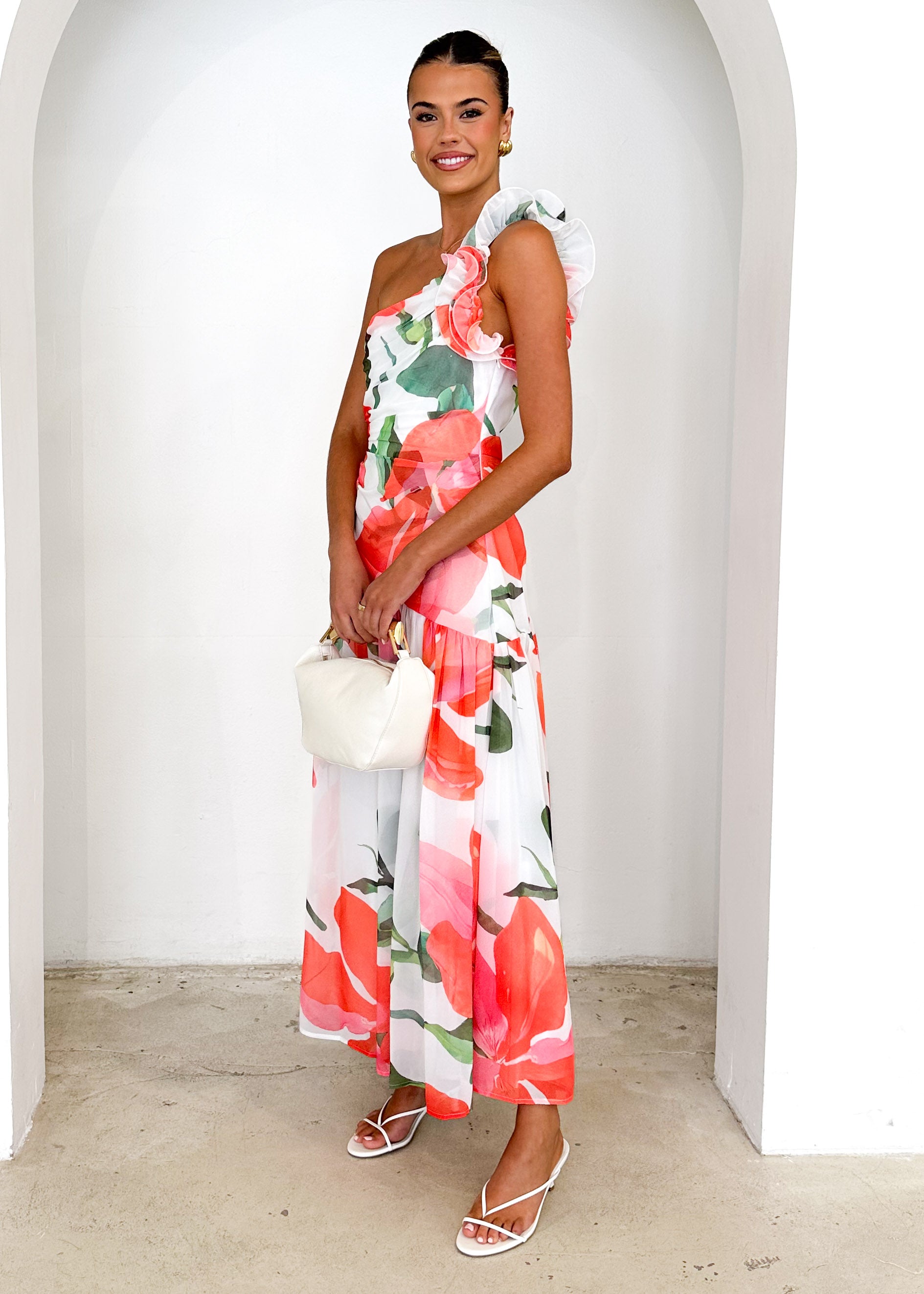 Lentara One Shoulder Maxi Dress - Red Flowers